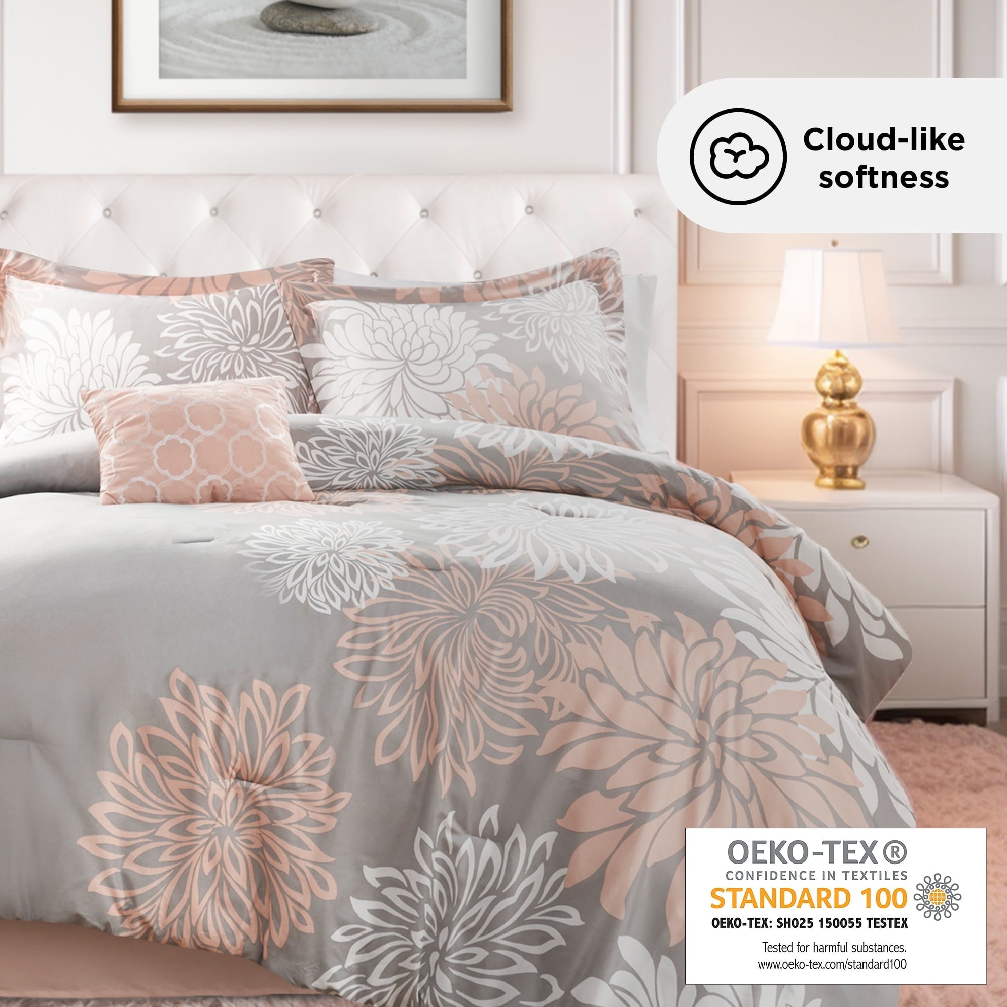 Fluffy Down Alternative King Size Comforter Set, 5-Piece Floral Bedding Set for All Season, Blush Comforter Set King with Bed Skirt - Hypoallergenic Ultra-Fluffy Quilt for Winter Detail