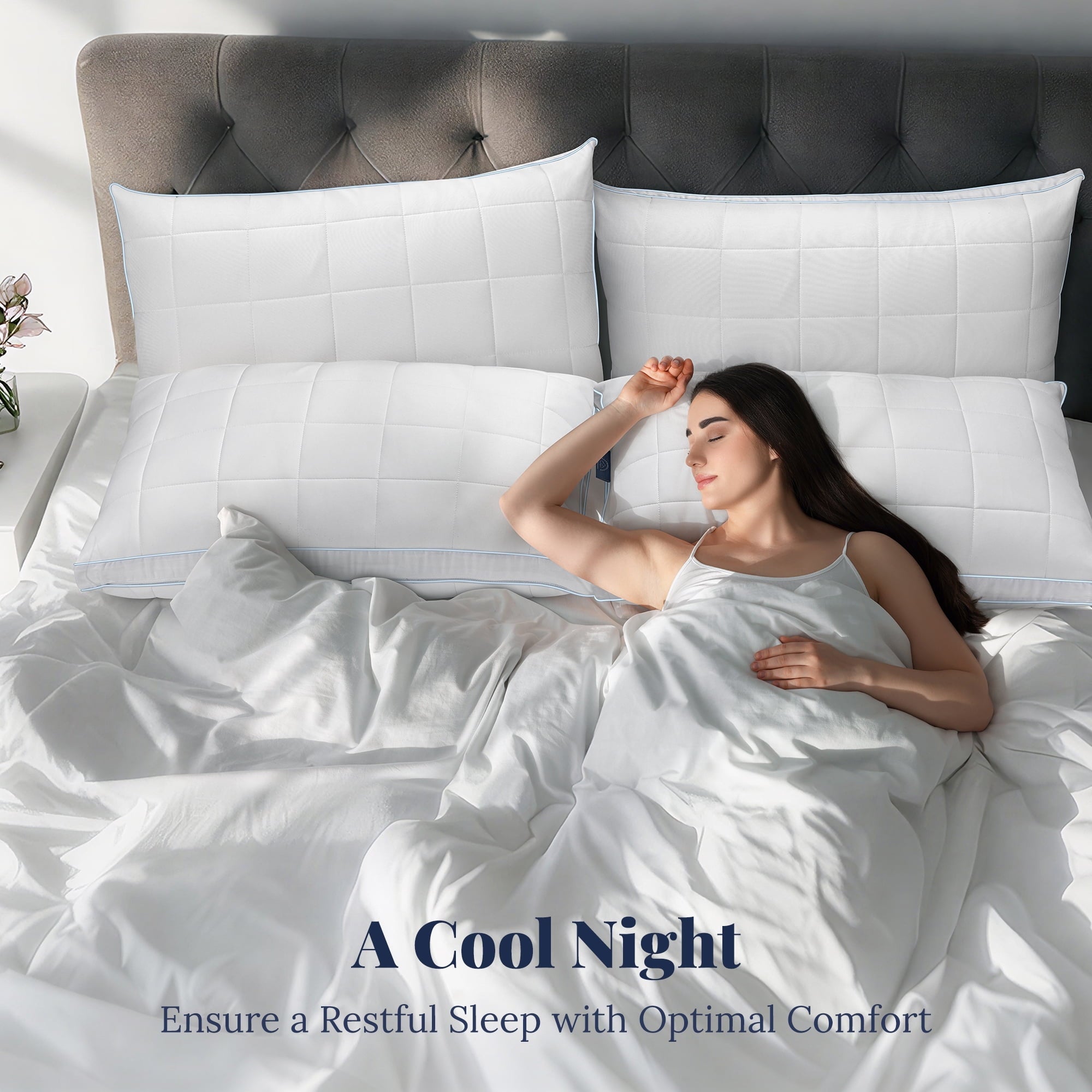 Decorative Plump Cooling Adjustable Pillow, Luxury Queen Size Bed Pillows Hotel Collection - Soft Firm Pillows for bed - Decorative Throw Pillow Cushion for Sofa & Bed Detail
