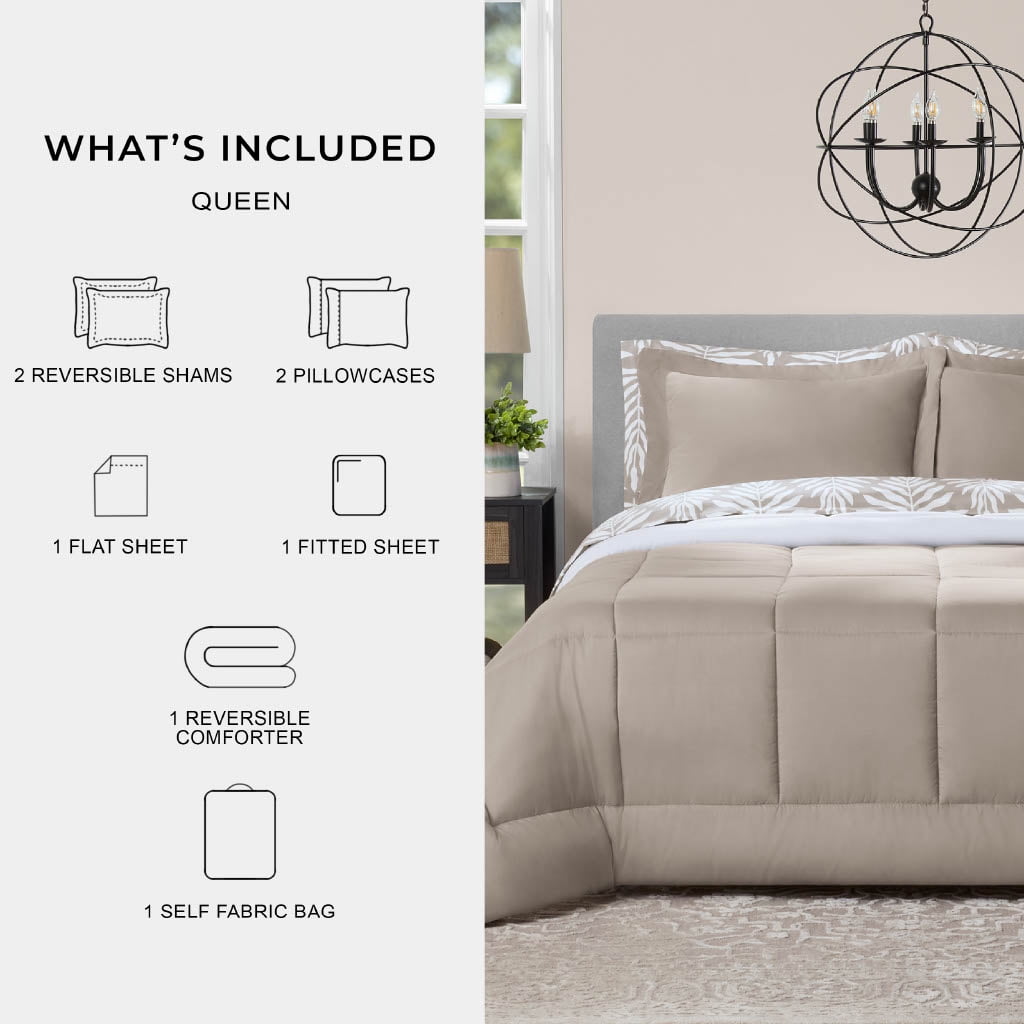 Luxurious Quilted All in One Reversible Comforter and Sheet Set- 7 Piece, Queen, Beige Palm - Luxurious Quilted Duvet Cover Set Detail