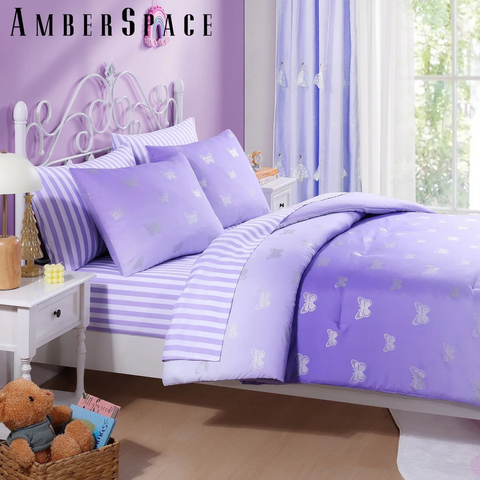 All-Season gold foil Design 7-piece Bed in a Bag Comforter Set with Sheets,Purple/Silver Butterflies,Full - Luxurious Quilted Duvet Cover Set Detail