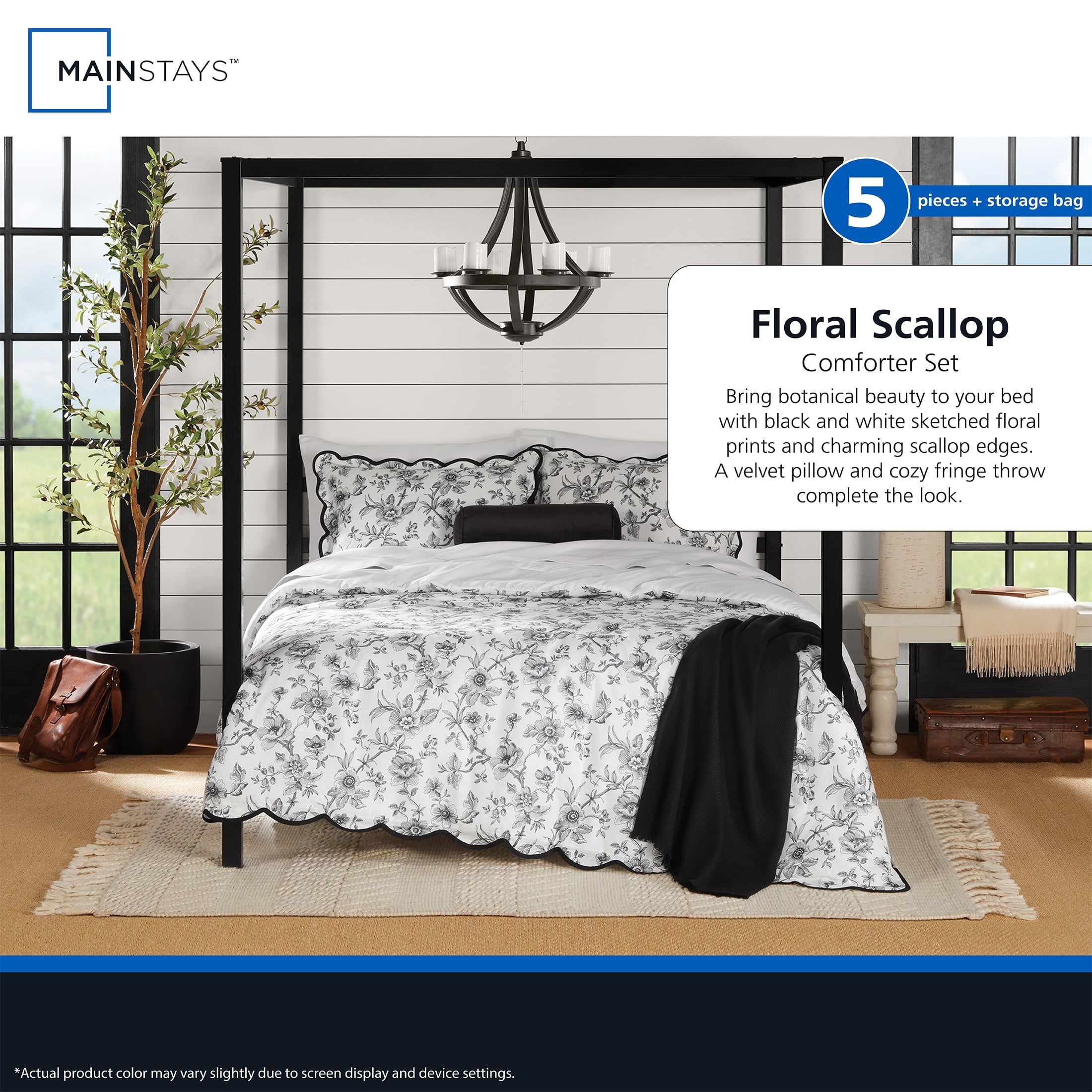 Heavyweight Warmth Floral Scallop 4-Piece White/Black Comforter Set, Twin/Twin XL - Hypoallergenic Ultra-Fluffy Quilt for Winter Detail