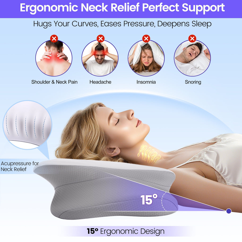 Ergonomic Memory Foam Ergonomic Cervical Pillows，Memory Foam Bed Pillow for Neck & Shoulder Pain Relief for Side Back Stomach Sleepers White - Ergonomic Memory Foam Pillow for Neck Pain Support Detail