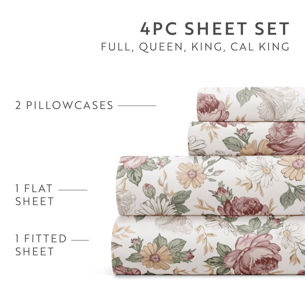 Wrinkle-Resistant 4 Piece Pattern Microfiber Bed Sheets Set, Blooming Floral Rose, Queen - Breathable Egyptian Cotton Flat & Fitted Sheets Detail