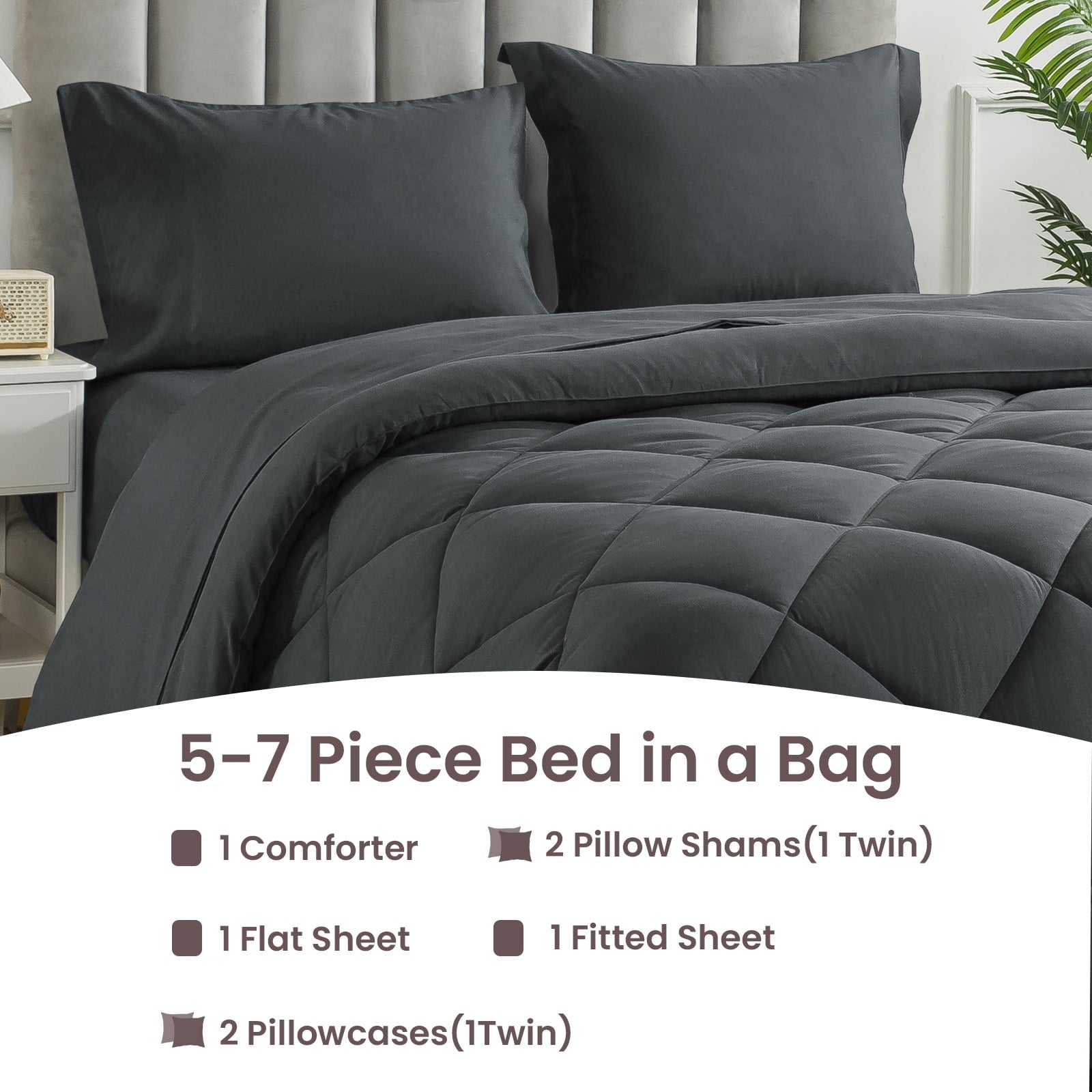 Hypoallergenic Cloud Queen Bed in a Bag Comforter Set with 7 Pieces - Dark Gray All Season Bedding Sets with Comforter, Pillow Shams, Flat... - Luxurious Quilted Duvet Cover Set Detail