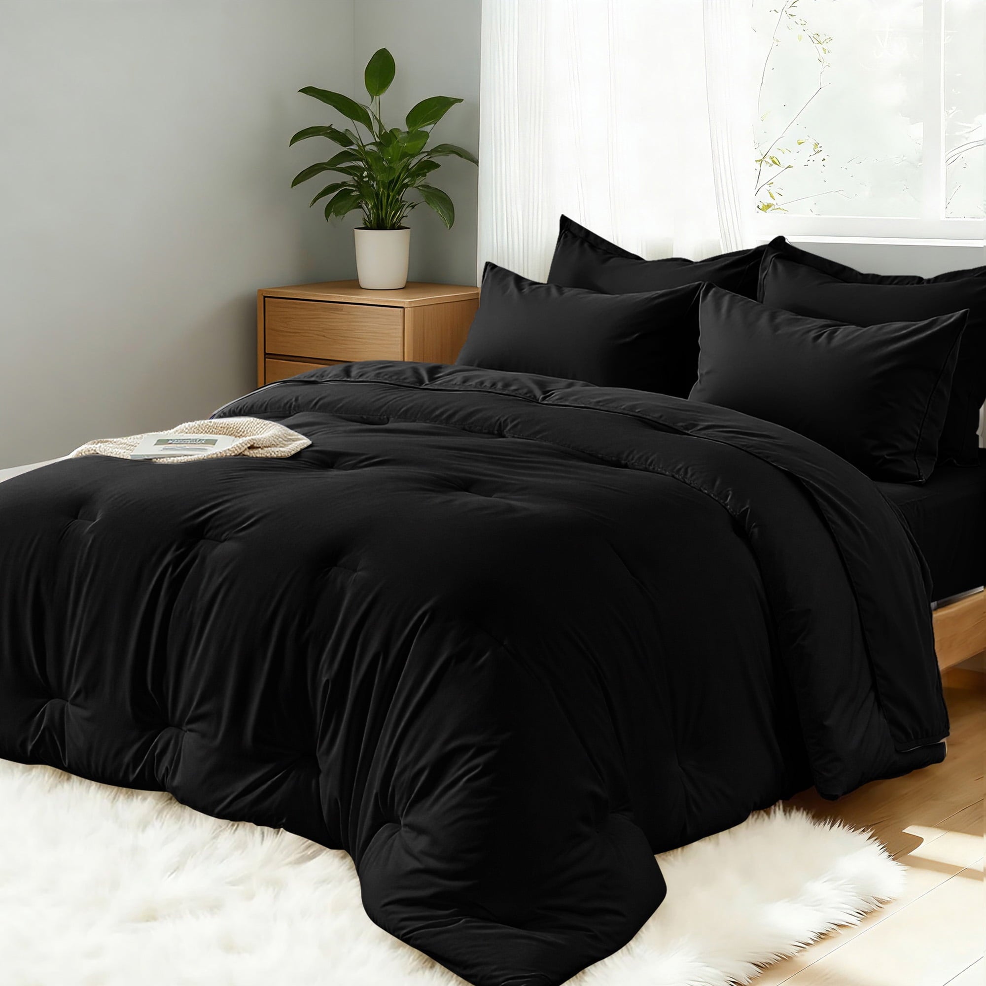 Fluffy Down Alternative 5-Piece Bed in Bag - Twin Size Comforter Sets, Pillowcases & Sheet Collection for Cozy Bedding Sets Black - Luxurious Quilted Duvet Cover Set Detail