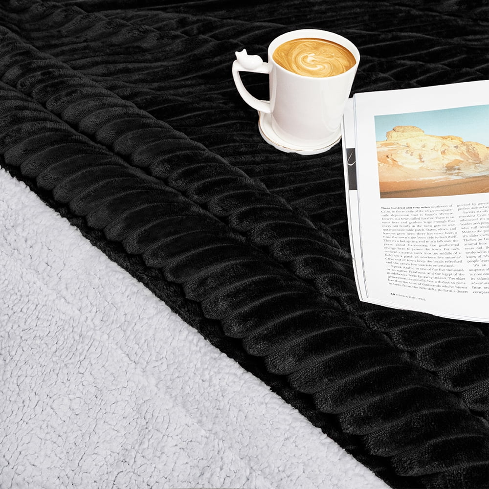 Lightweight Warm Reversible Sherpa Fleece Throw Blanket Black, Plush Flannel Throw, Ultra Soft Warm Ribbed Microfiber Blanket for Sofa... - Cozy Fleece Throw Blanket for Couch & Bed Detail