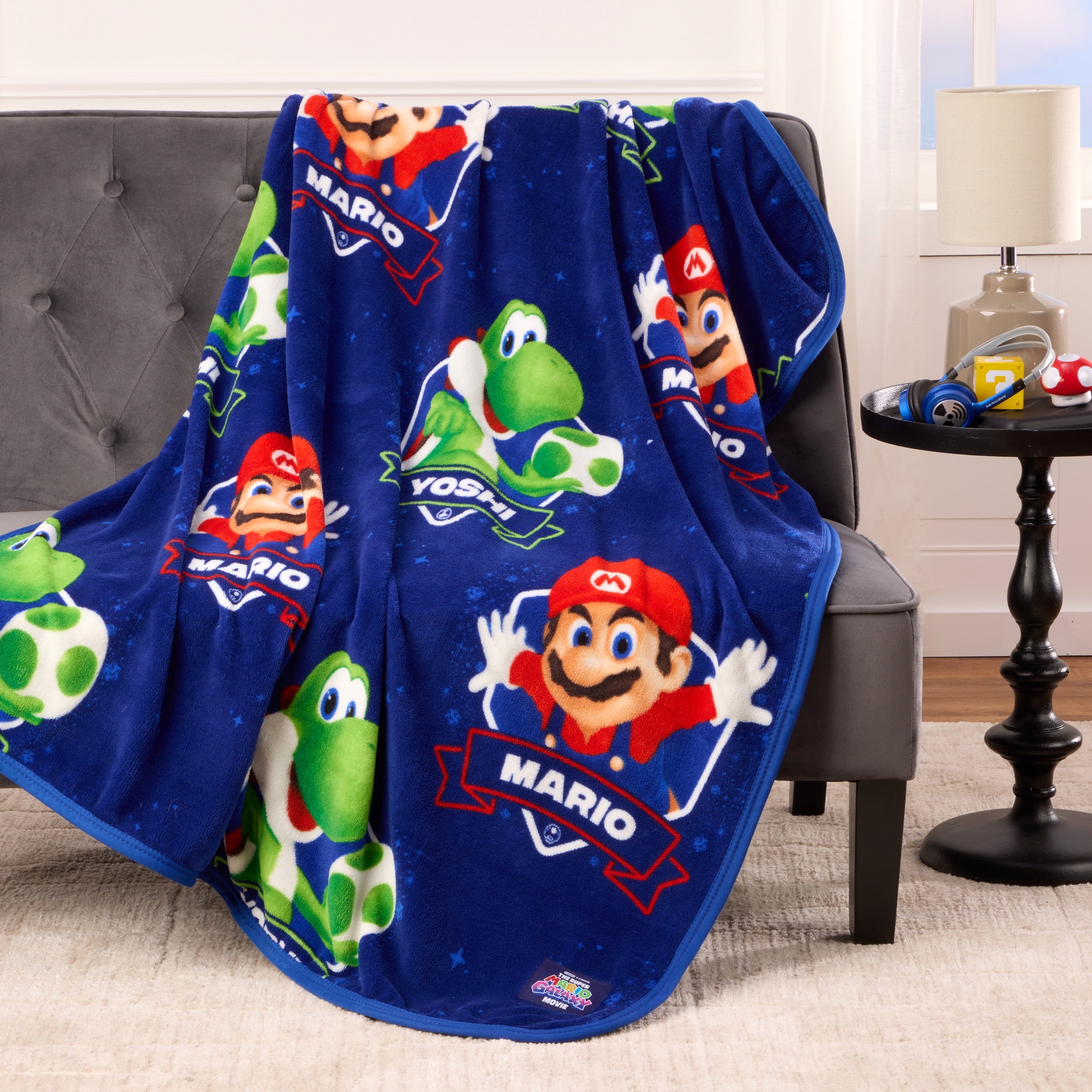 Reversible Sherpa Galaxy Movie Kids Blue Print Fleece Throw Blanket, 46 x 60 - Cozy Fleece Throw Blanket for Couch & Bed Detail