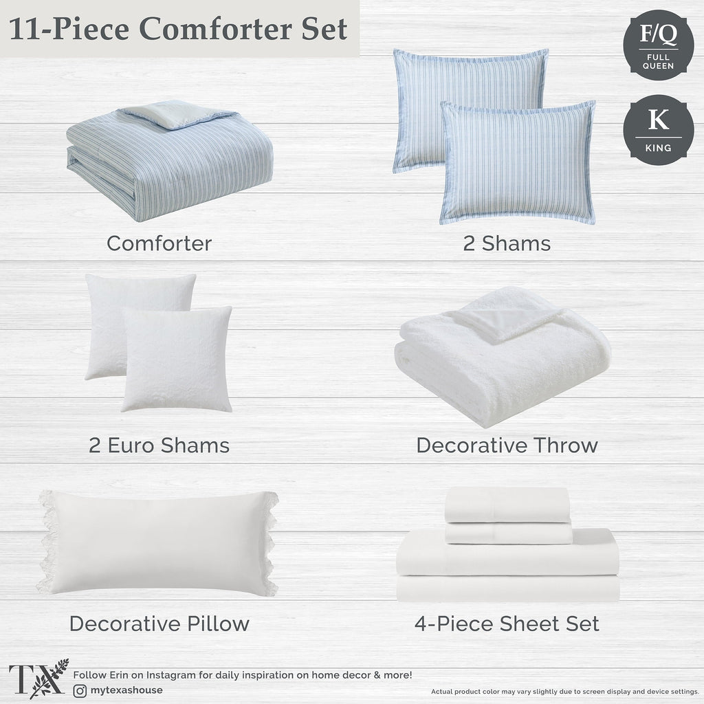 Fluffy Down Alternative Stripe 11-Piece Comforter Set with Sheets, Blue, Queen - Luxurious Quilted Duvet Cover Set Detail