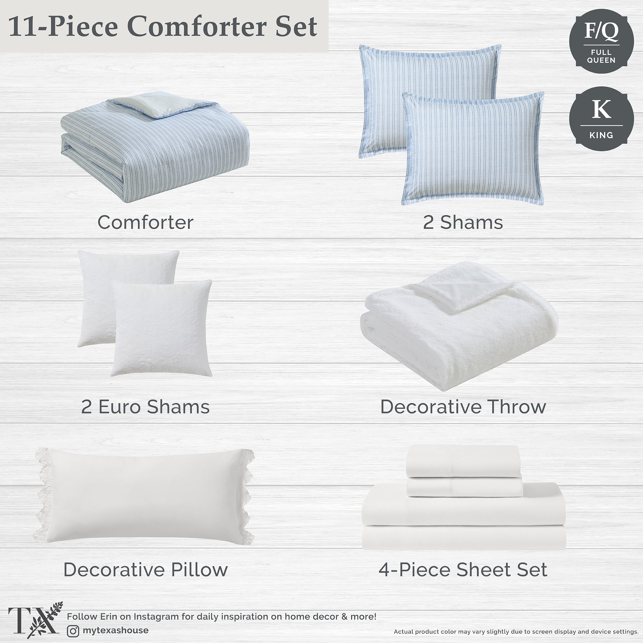 Fluffy Down Alternative Stripe 11-Piece Comforter Set with Sheets, Blue, Queen - Luxurious Quilted Duvet Cover Set Detail