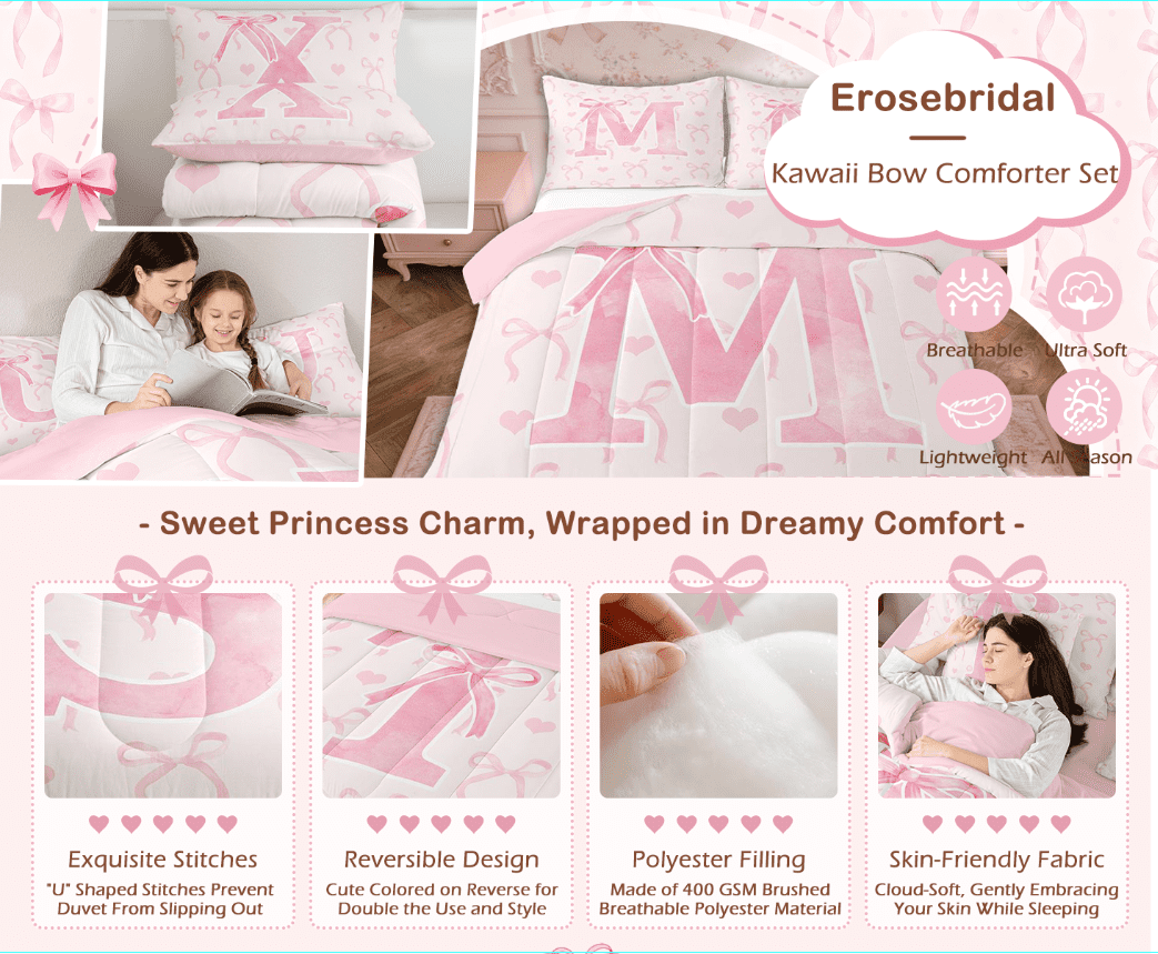 All-Season Kawaii Bowknot Bedding Sets Full with Comforter, Initial H Duvet Insert, Romantic Initial A-Z Decor, Reversible - All-Season Down Alternative Comforter Insert Detail