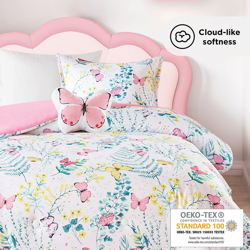 Heavyweight Warmth Full/Queen Size Comforter Sets, 4-Piece Kids Bedding Set for Girls, Butterfly Floral Comforter Bed Set, White/Pink - Luxurious Quilted Duvet Cover Set Detail