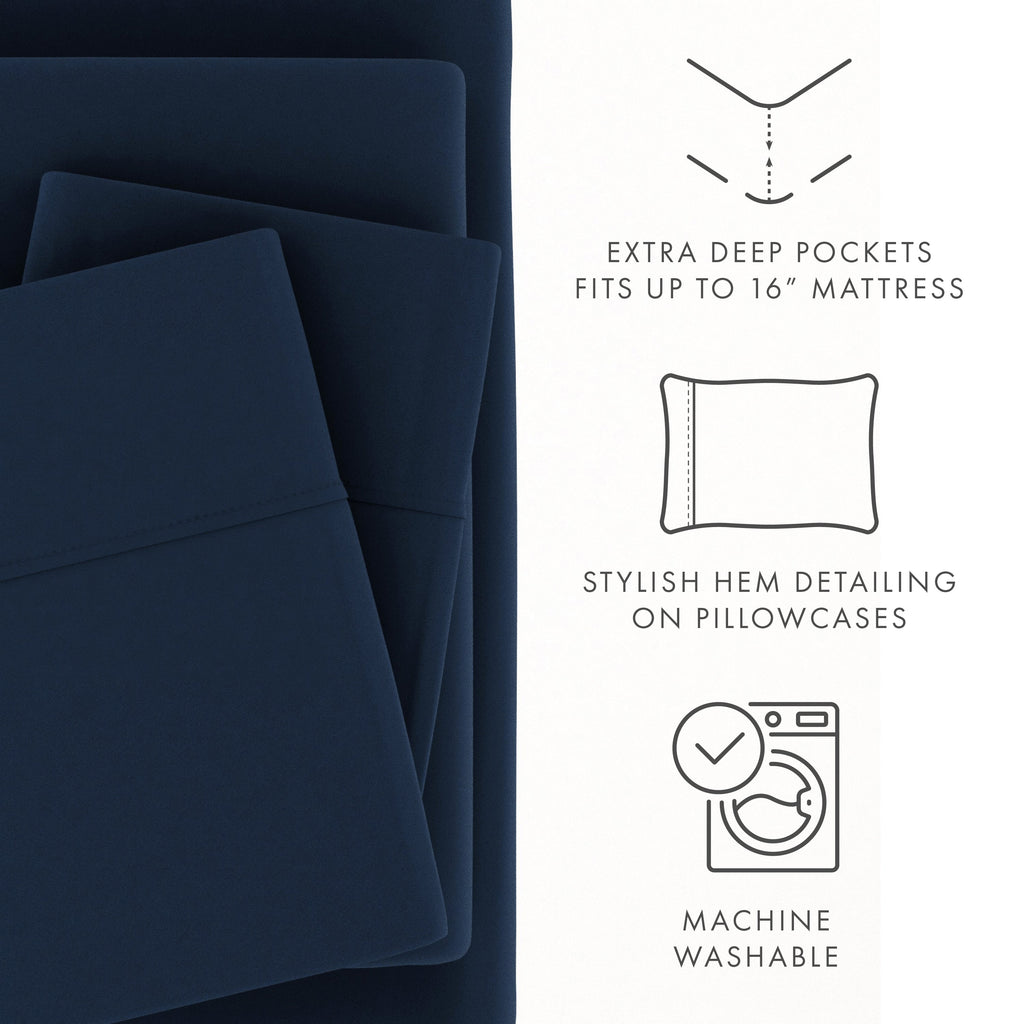 Cooling Sateen 4 Piece Solid Microfiber Bed Sheet Set, Navy, Queen - Breathable Egyptian Cotton Flat & Fitted Sheets Detail
