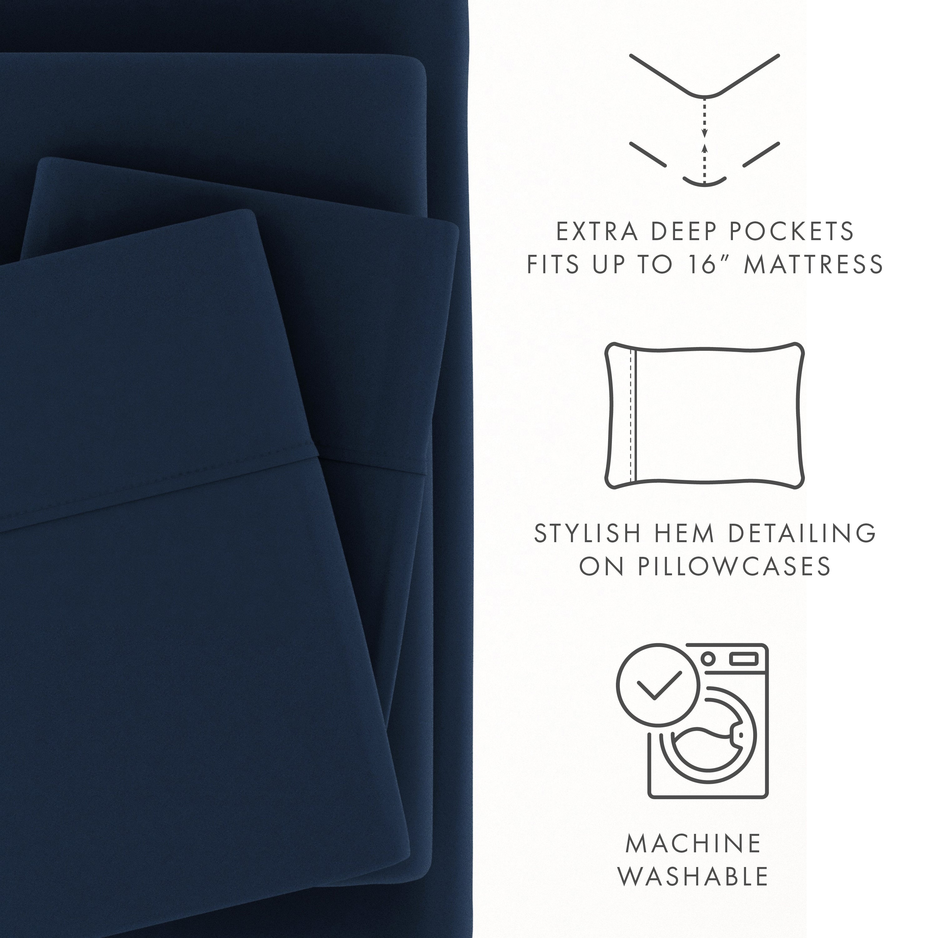 Cooling Sateen 4 Piece Solid Microfiber Bed Sheet Set, Navy, Queen - Breathable Egyptian Cotton Flat & Fitted Sheets Detail