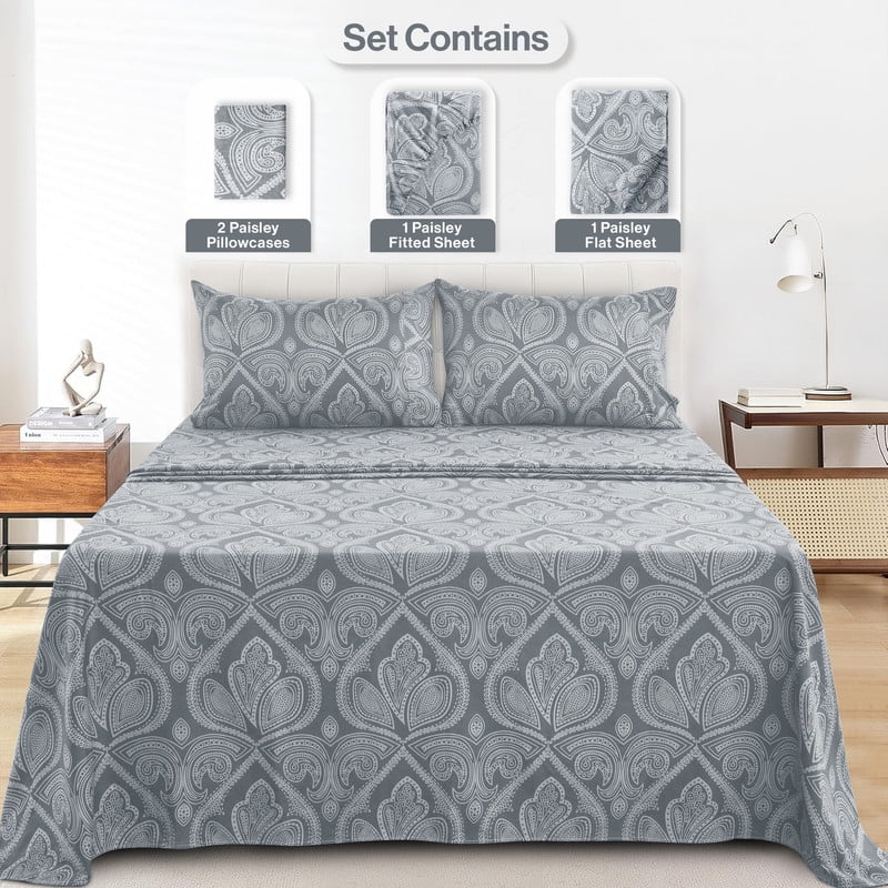 Cooling Sateen Lux Decor 4 Piece Queen Sheet Set, Brushed Microfiber Paisley Printed Bed Sheet Set with up to 16" Deep Pocket Fitted... - Breathable Egyptian Cotton Flat & Fitted Sheets Detail