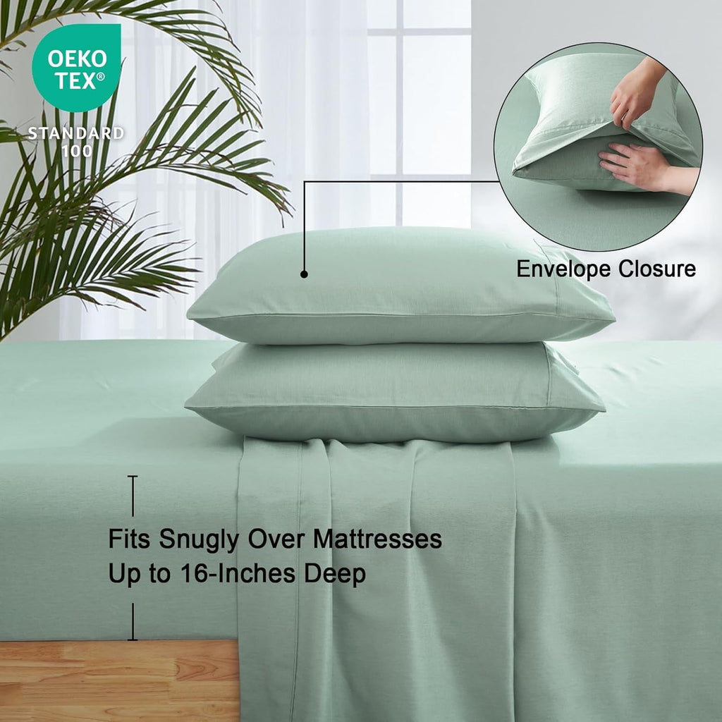 Wrinkle-Resistant Bamboo Bed Sheet Sets, 4 Pieces King Silky Soft Bedding Sheets, 1800 Thread Count 16 Inch Deep Pockets, Sage Green - Cooling Hotel Quality Bedding Sheets and Pillowcases Detail