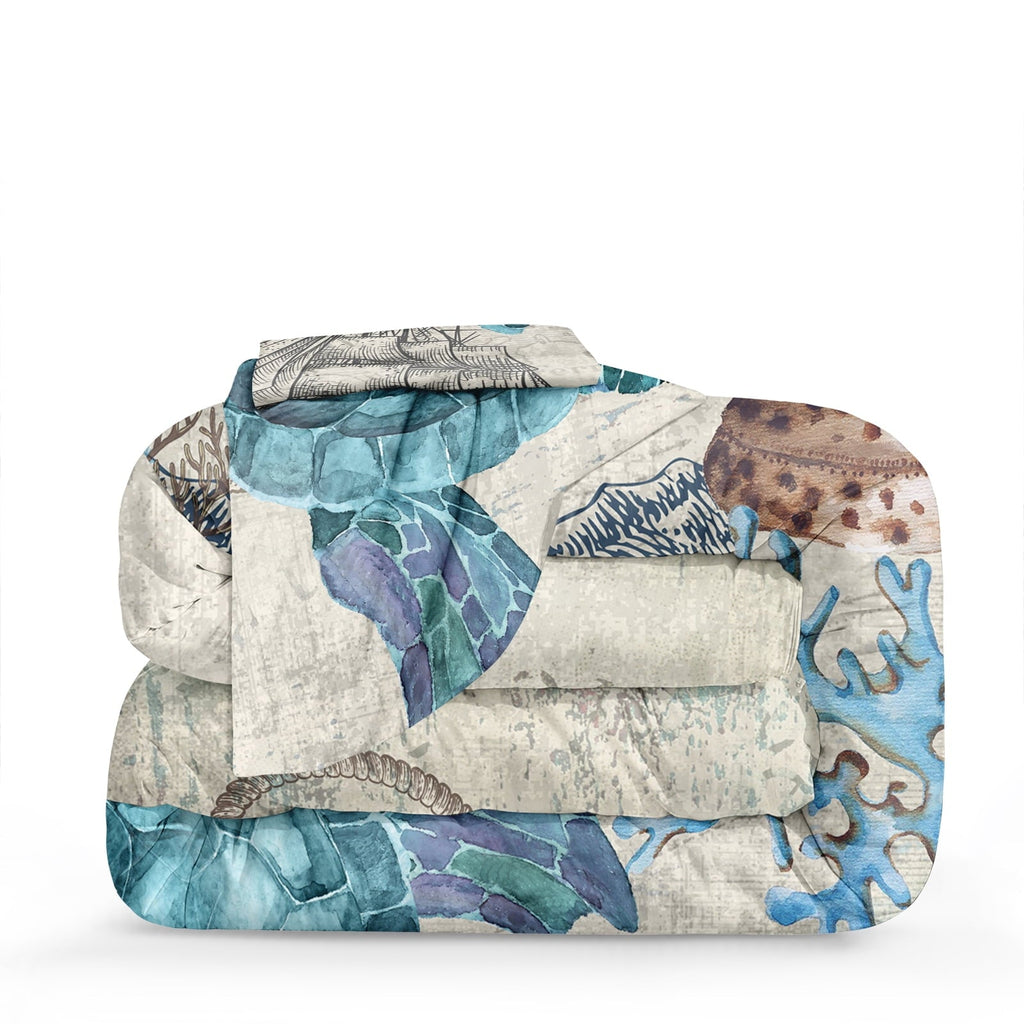 Hypoallergenic Cloud Sea Turtle Comforter Set Queen Ocean Beach Bedding Set Soft and Lightweight Retro Style Design Coastal Bedding Set - Luxurious Quilted Duvet Cover Set Detail
