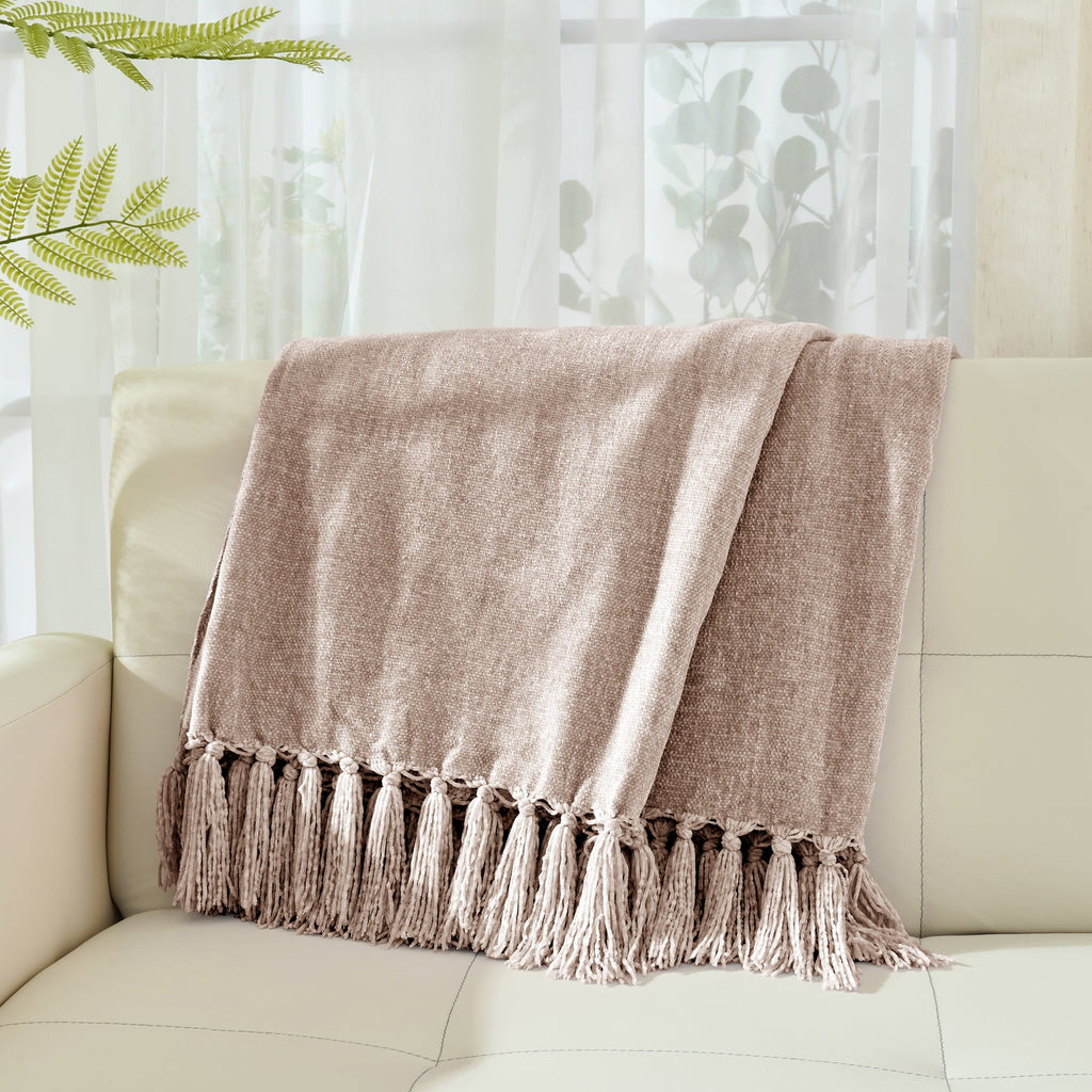 Cozy Fleece Chenille Throw Blanket with Fringe Tassel for Couch Sofa Chair Bed, Taupe 50" X 60" - Lightweight Plush Warm Blanket for All Seasons Detail