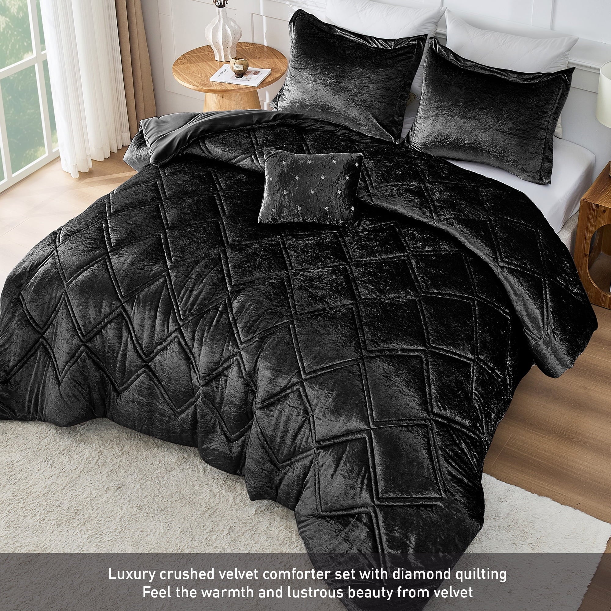 All-Season King/Cal King Size Comforter Sets, Velvet Bedding Comforter Set for All Seasons, Black Bedding Set with Decor Pillow - All-Season Down Alternative Comforter Insert Detail