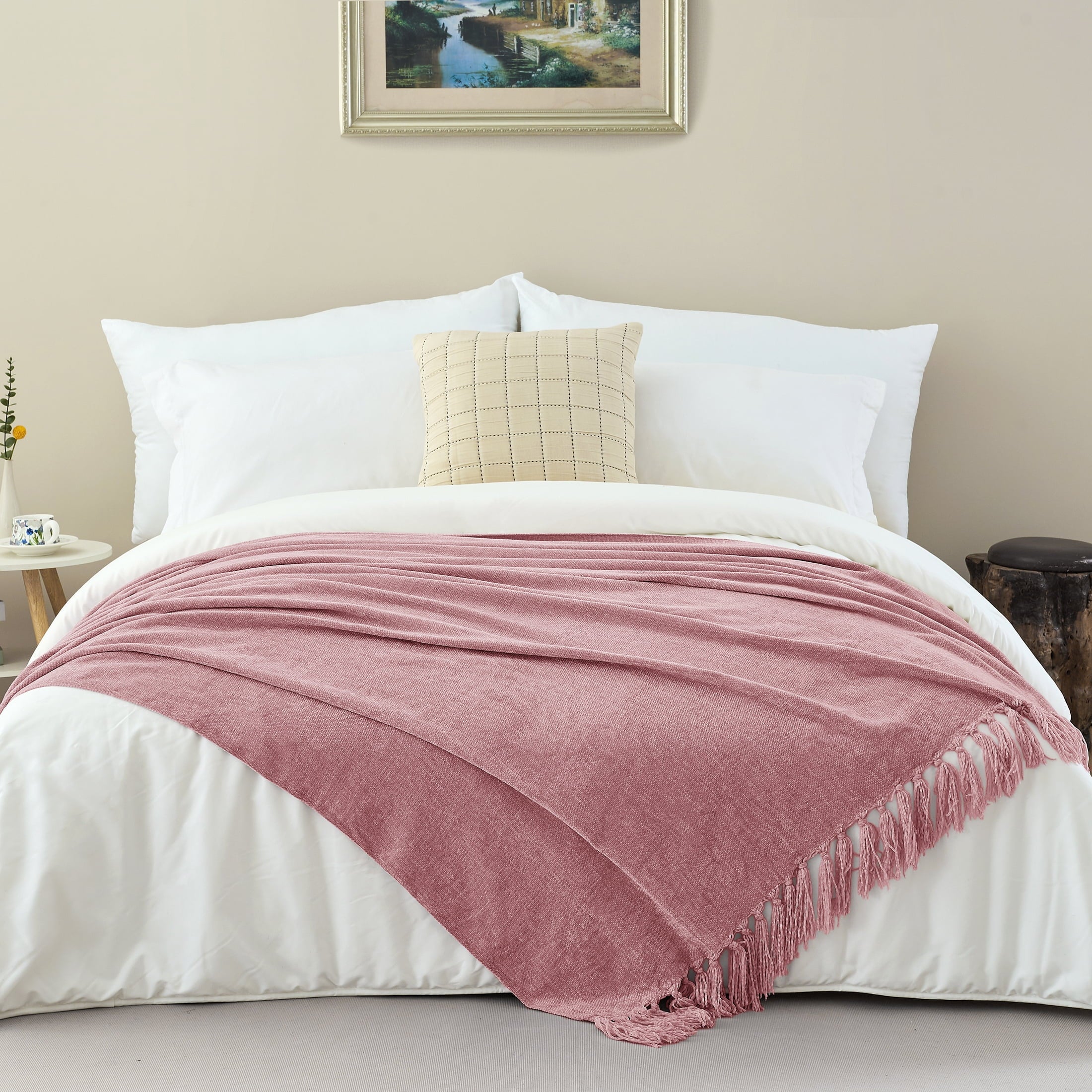 Decorative Knitted Chenille Throw Blanket with Fringe Tassel for Couch Sofa Chair Bed, Mauve 50" X 70" - Luxury Knitted Decorative Throw Blanket with Fringes Detail