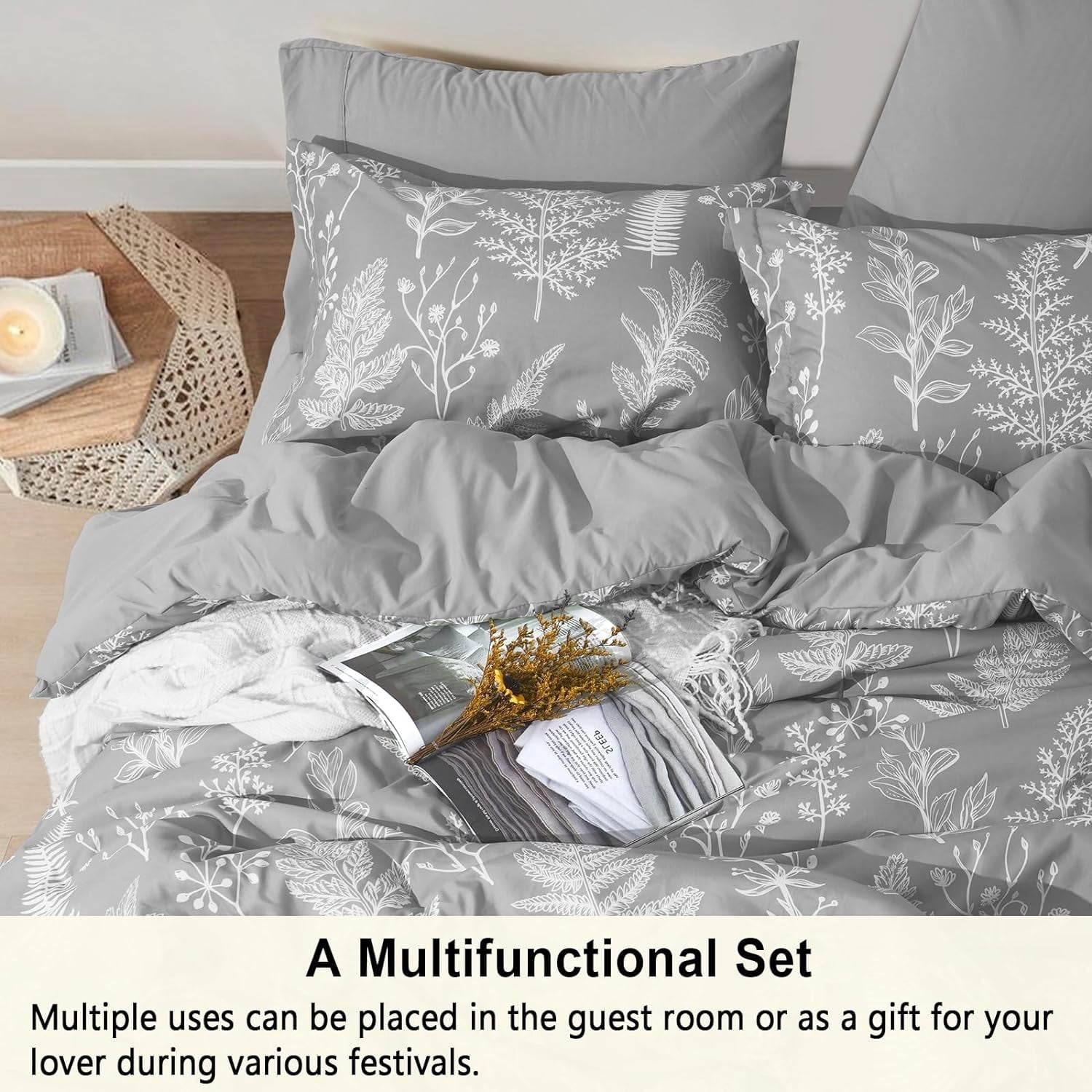 All-Season 7 Pieces Printed King Comforter Set, Lightweight Reversible Botanical Bedding Set Include Comforter, Pillow Shams, Fl... - All-Season Down Alternative Comforter Insert Detail