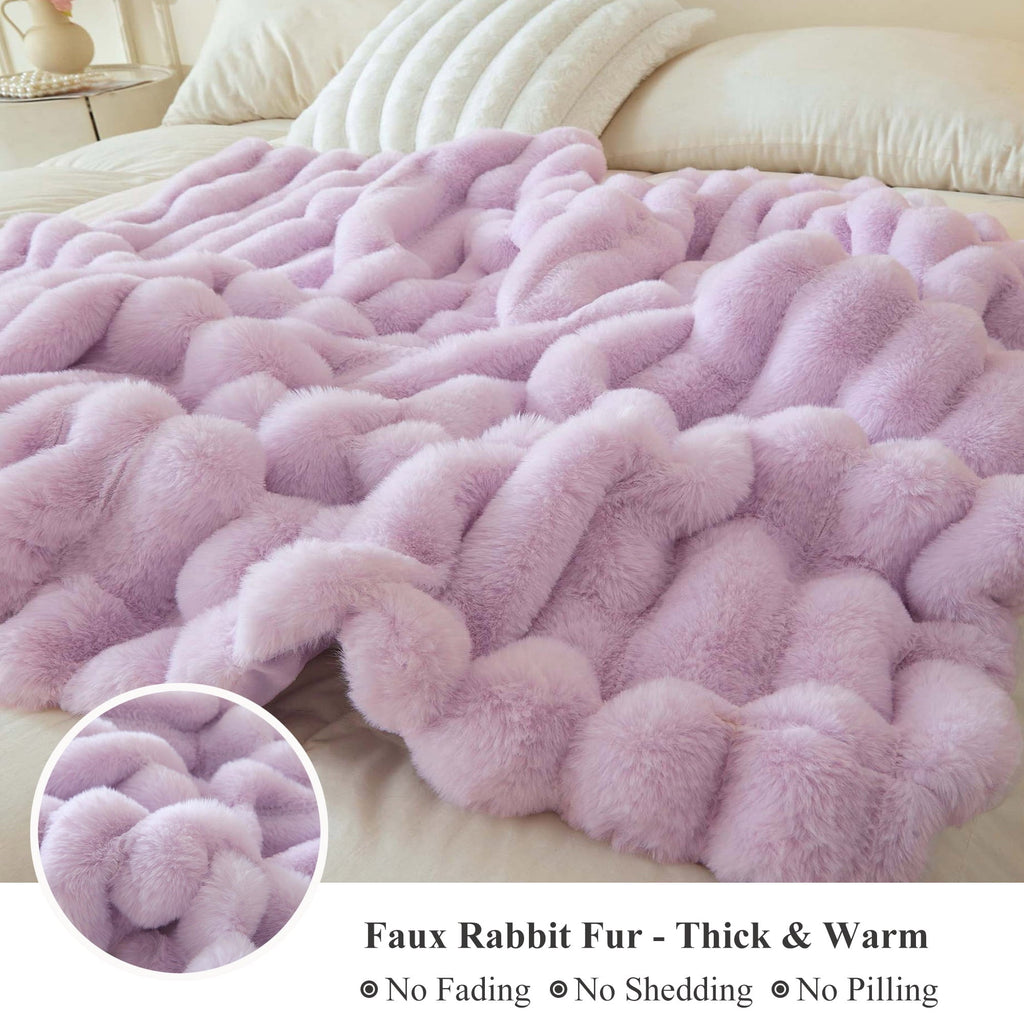 Reversible Sherpa Fluffy Faux Rabbit Fur Throw, Cozy Wide Stripe Plush Fuzzy Blanket for Bed Couch Sofa Chair, Light Purple Shaggy Thro... - Lightweight Plush Warm Blanket for All Seasons Detail