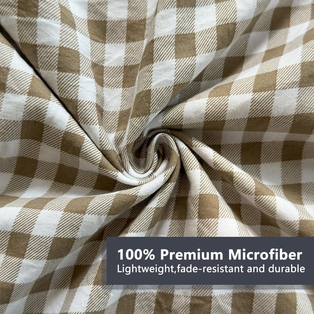 Premium Egyptian Cotton Tan Gingham Ruffle Queen Sheet Set, Taupe Soft Pre-Washed Microfiber Plaid Ruffled Queen Bed Sheets, 4-Pieces Farmhou... - Cooling Hotel Quality Bedding Sheets and Pillowcases Detail
