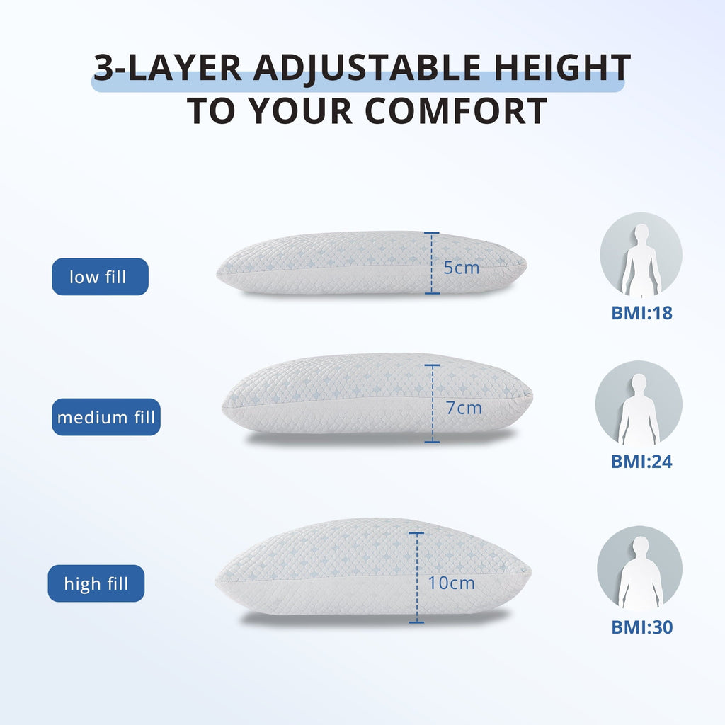 Orthopedic Support 2-Pack Adjustable Cooling Bed Pillows, Shredded Memory Foam Pillows Set of 2, Standard Queen, Dual Sides - Orthopedic Shredded Foam Bed Pillow Set Detail