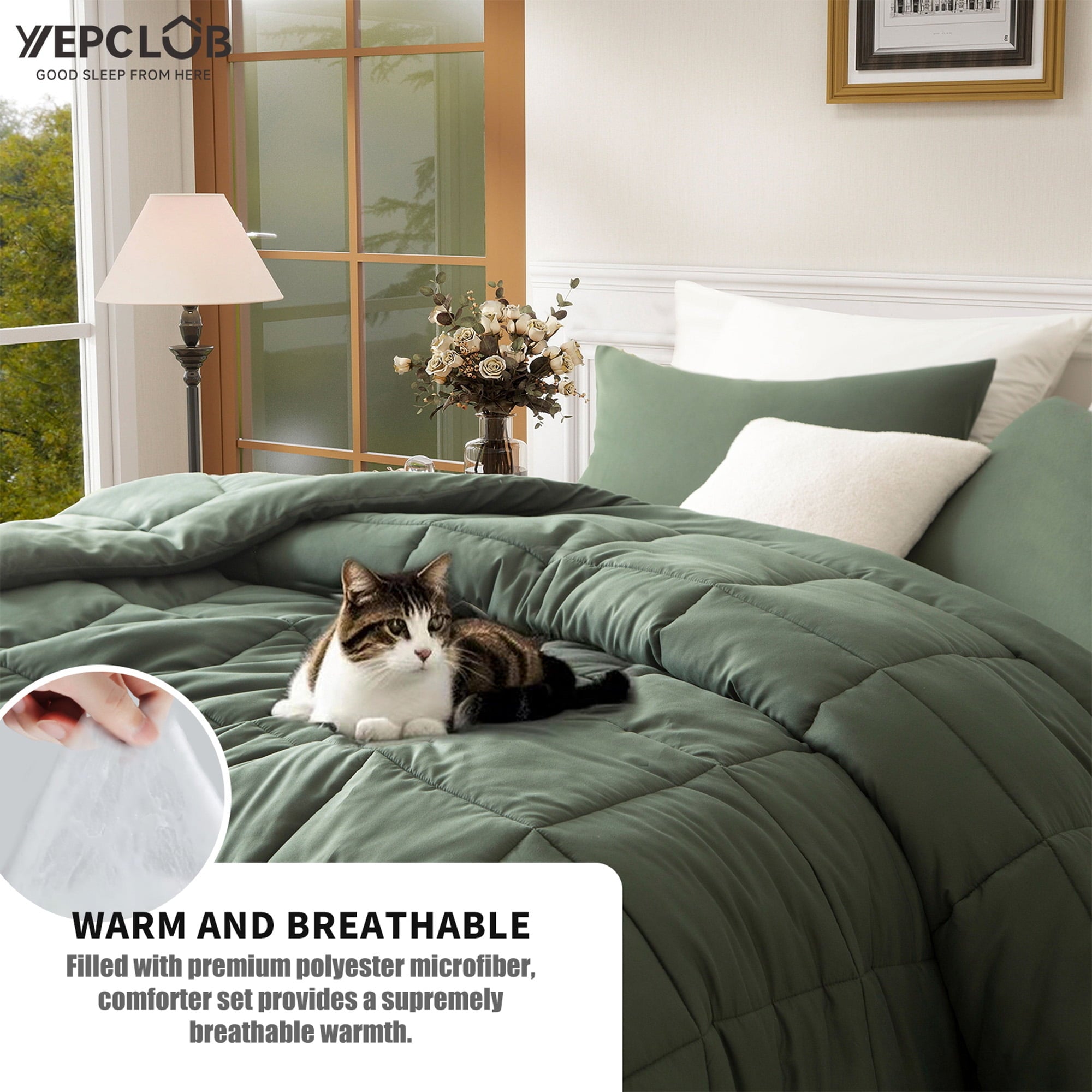 Hypoallergenic Cloud 3-Piece Twin Size Comforter Set, Green Down Alternative Reversible Bedding Set, All-Season Quilted Soft Comforter wit... - All-Season Down Alternative Comforter Insert Detail