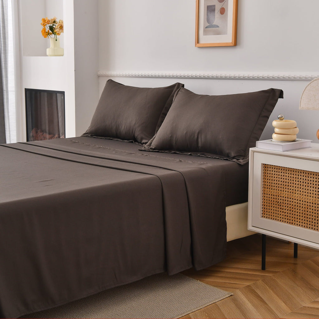 Breathable Luxury Bed Sheets Set 4 Piece Queen/Full Sheet Set Brown Gray Cotton Blend Fitted Sheet, Flat Sheet & 2 Pillowcases Bedding Set - Cooling Hotel Quality Bedding Sheets and Pillowcases Detail
