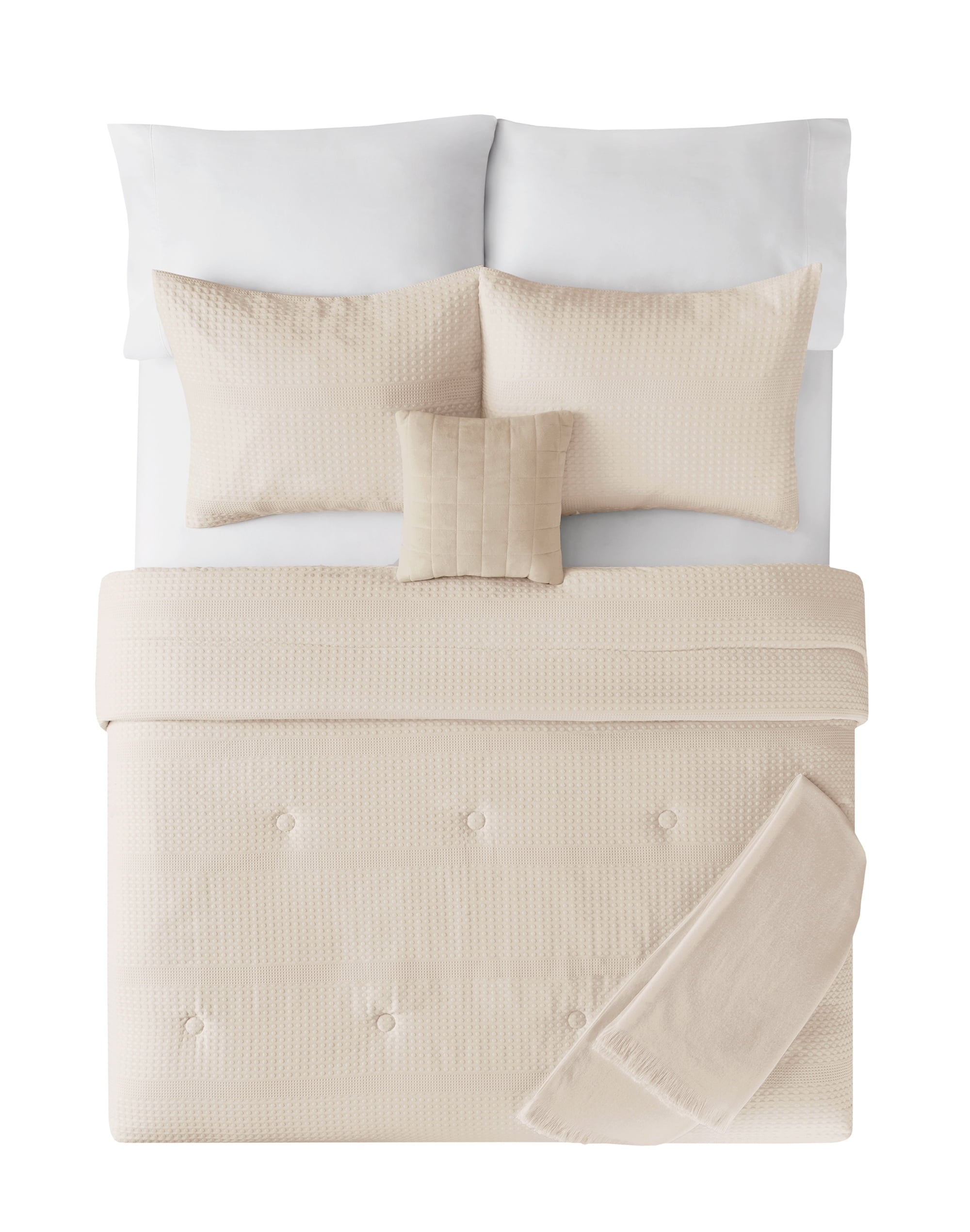 Luxurious Quilted 5-Piece Papyrus Beige Waffle Comforter Set, Full/Queen - All-Season Down Alternative Comforter Insert Detail