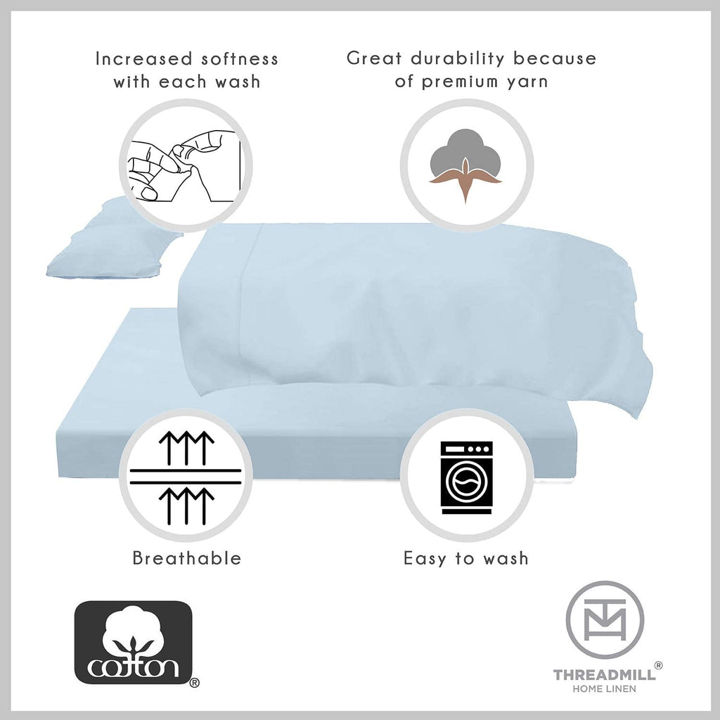 Breathable Luxury 100% Cotton King Bed Sheets Set - 4-Piece, 300 Thread Count, Lightweight Sateen, Light Blue - Breathable Egyptian Cotton Flat & Fitted Sheets Detail