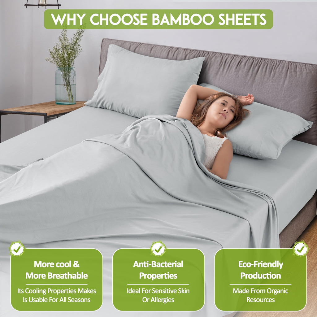 Wrinkle-Resistant Rayon - 4 Piece Cooling Bed Sheets Set, Gray - Premium Ultra-Soft Pillowcase Pair for Sleeping Detail