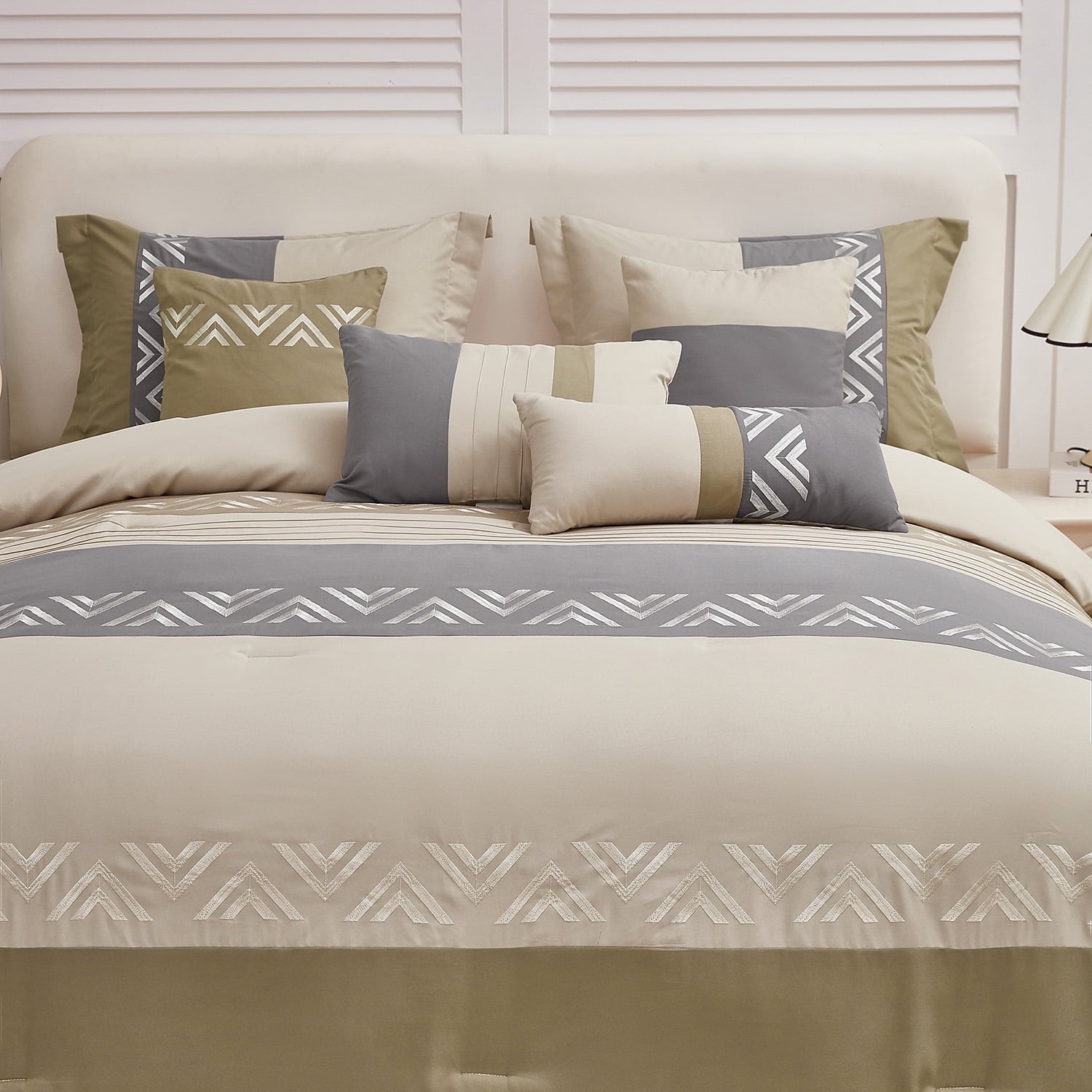 Heavyweight Warmth 7 Piece Embroidery Design Bed-in-a-Bag, Taupe Queen Size Ultra Soft Comforter Set for Adults - Hypoallergenic Ultra-Fluffy Quilt for Winter Detail