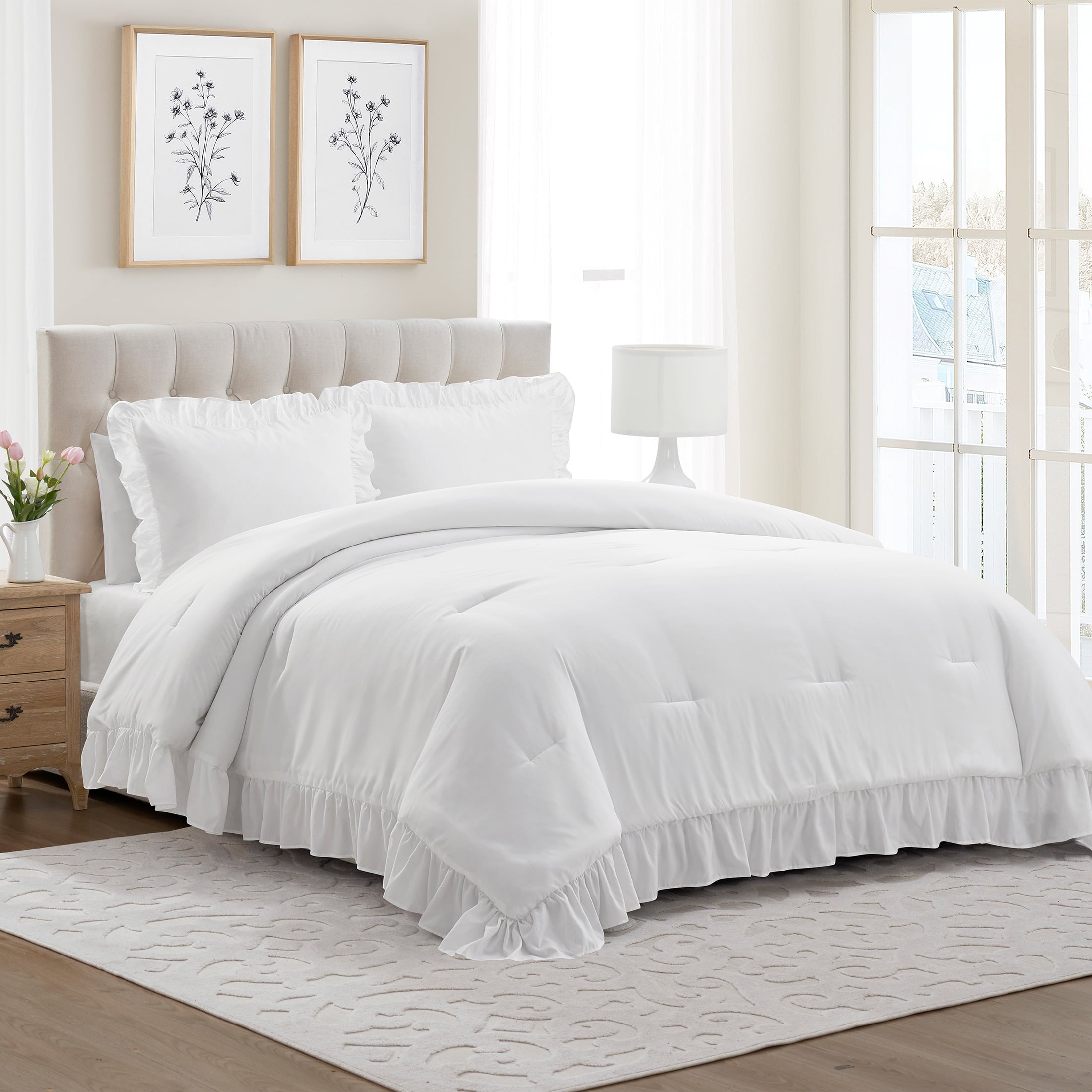 All-Season Full/Queen Comforter Set, All-Season, 3-Piece, White Ruffle - Luxurious Quilted Duvet Cover Set Detail