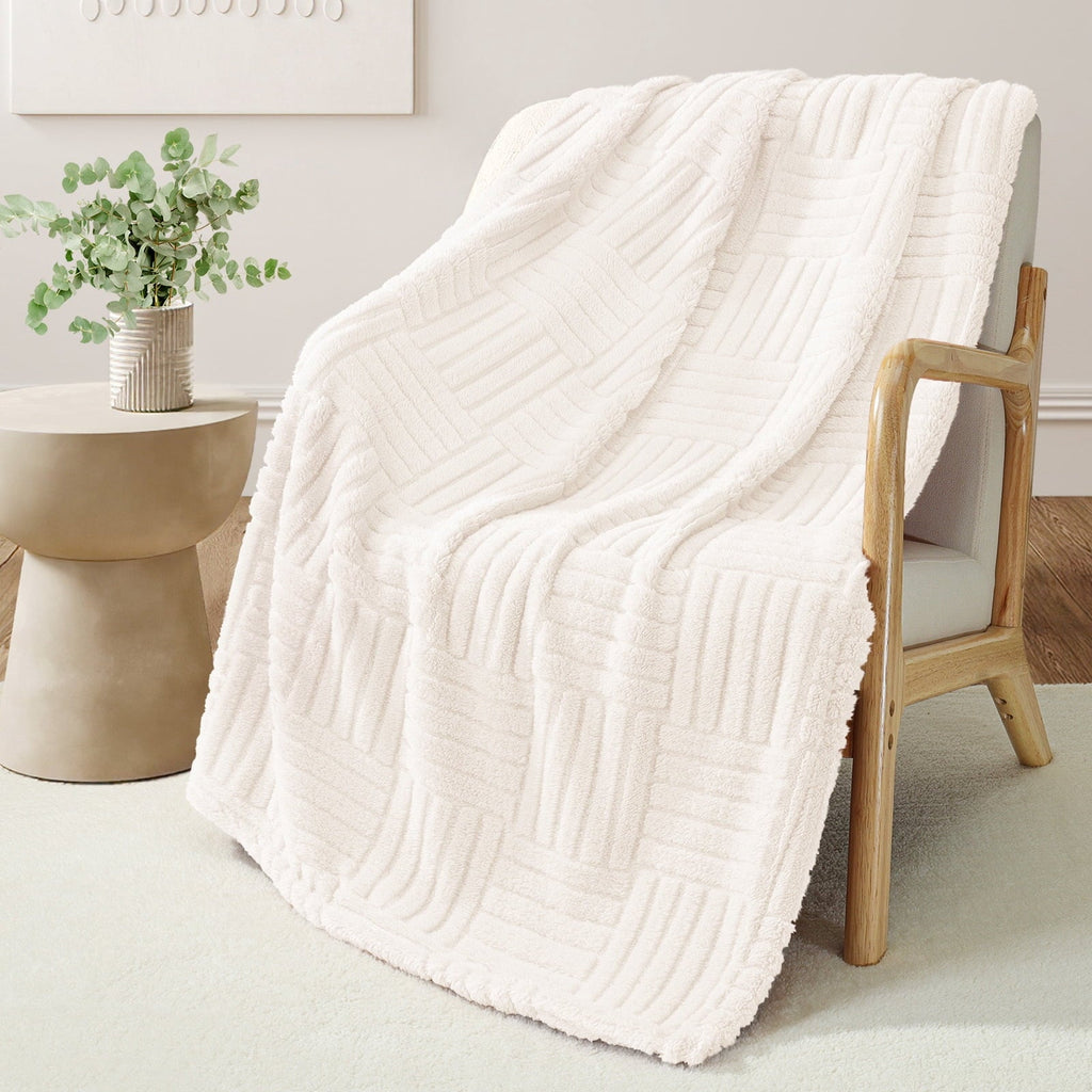 Decorative Knitted Fluffy Fleece Throw Blanket 50"x60" for Couch, Bed, Sofa, Fuzzy Soft Cozy Throw with Decorative Jacquard Pattern for ... - Super Soft Reversible Sherpa Flannel Blanket Detail