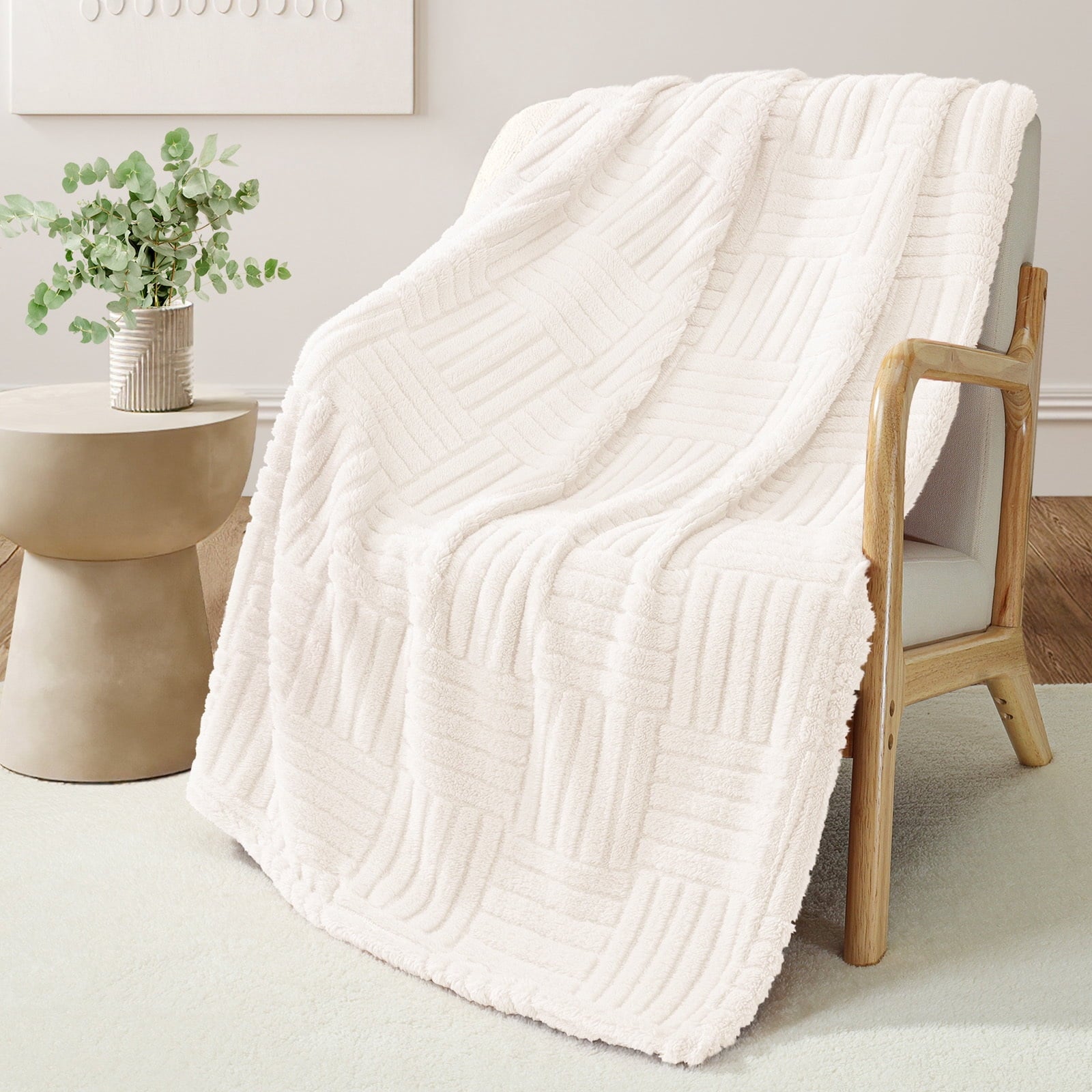 Decorative Knitted Fluffy Fleece Throw Blanket 50"x60" for Couch, Bed, Sofa, Fuzzy Soft Cozy Throw with Decorative Jacquard Pattern for ... - Super Soft Reversible Sherpa Flannel Blanket Detail
