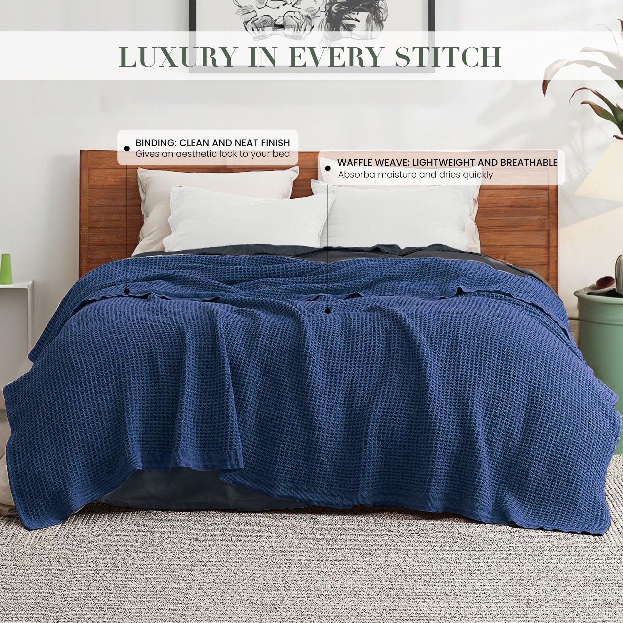 Cozy Fleece Twin Waffle Throw Blanket for Couch (68" x 92"), 100% Cotton Throw Blankets for Bed, Waffle Blanket for Bed (Navy) - Cozy Fleece Throw Blanket for Couch & Bed Detail