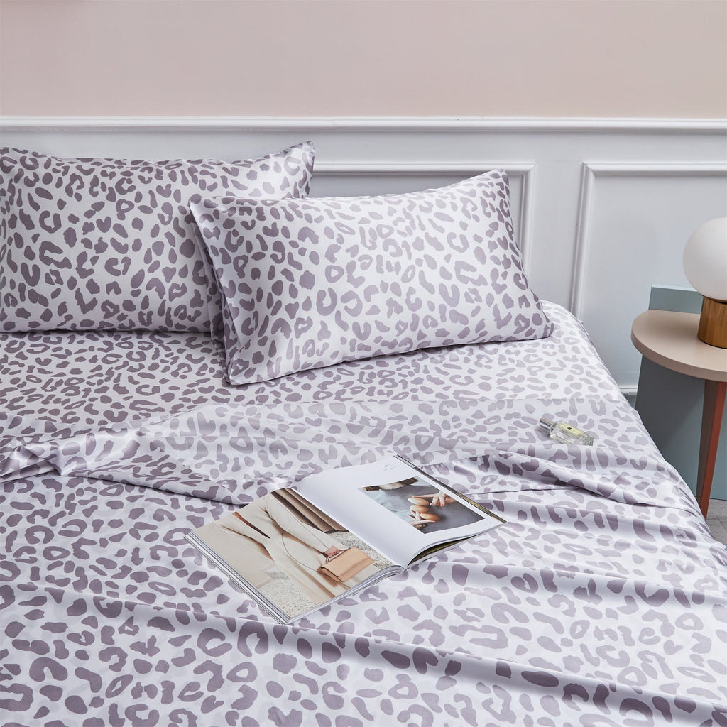 Cooling Sateen Satin Sheets Twin Silk Sheets Silver Leopard Bed Sheet Set Deep Pocket Bed Flat Fitted Sheet, 3-Pieces - Premium Ultra-Soft Pillowcase Pair for Sleeping Detail