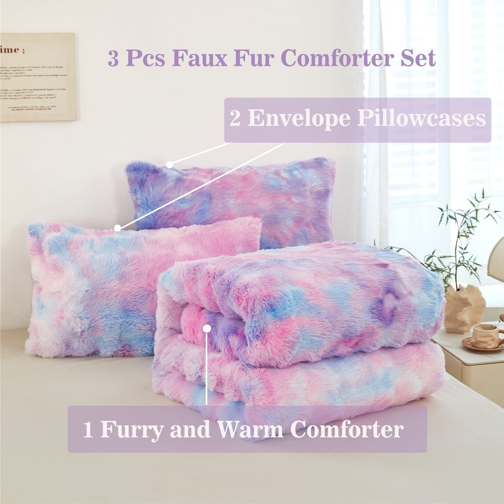 Heavyweight Warmth Faux Rabbit Fur Comforter Set Twin 3Pcs Girls Blue Purple Bedding Set Tie-Dyeing Soft Bed Comforter Set Warm Fuzzy Ki... - Luxurious Quilted Duvet Cover Set Detail