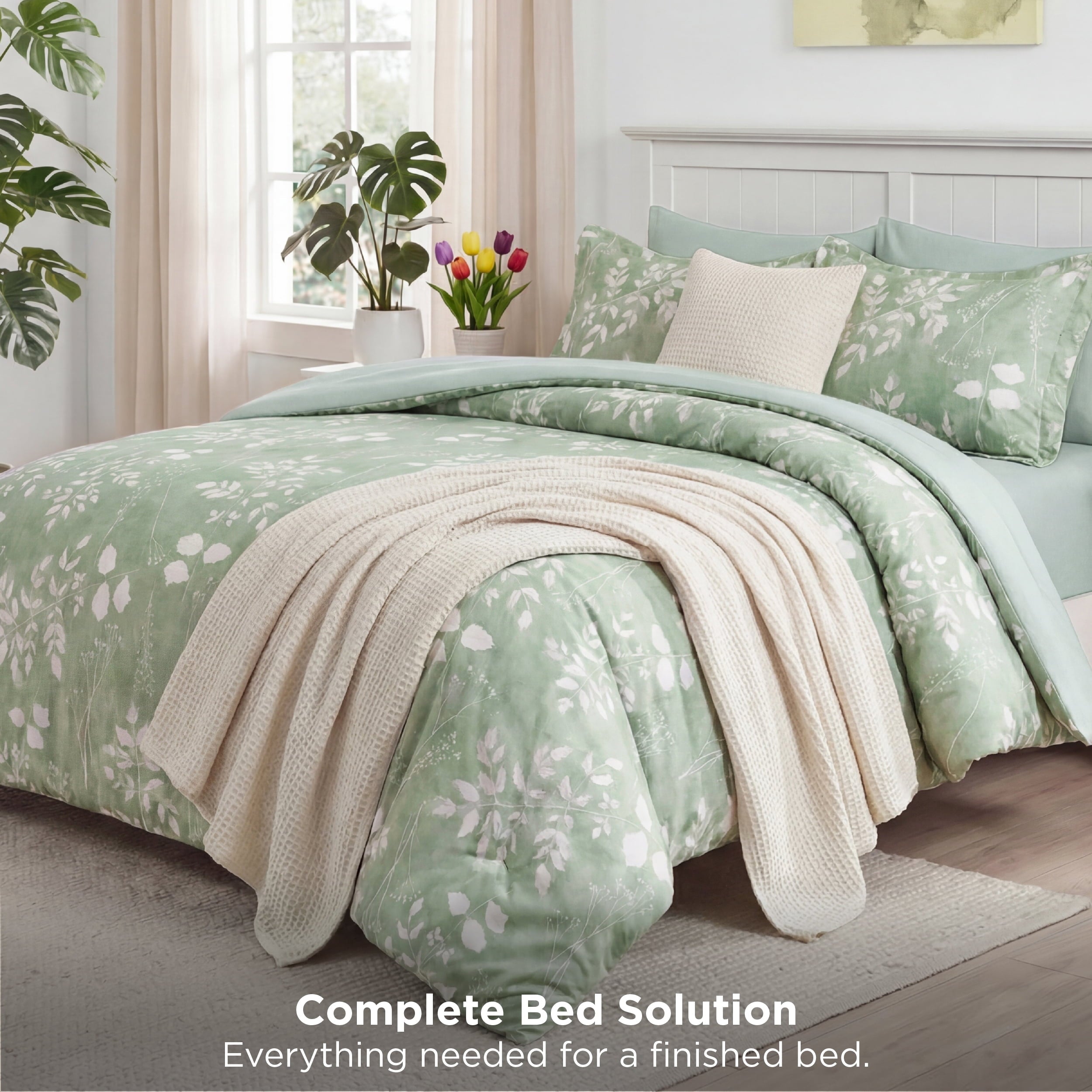Hypoallergenic Cloud Queen Comforter Set Sage Green, Bed in a Bag Queen Size Bedding, 7-Pieces Botanical Flowers Spring Comforter, Sheets,... - Luxurious Quilted Duvet Cover Set Detail