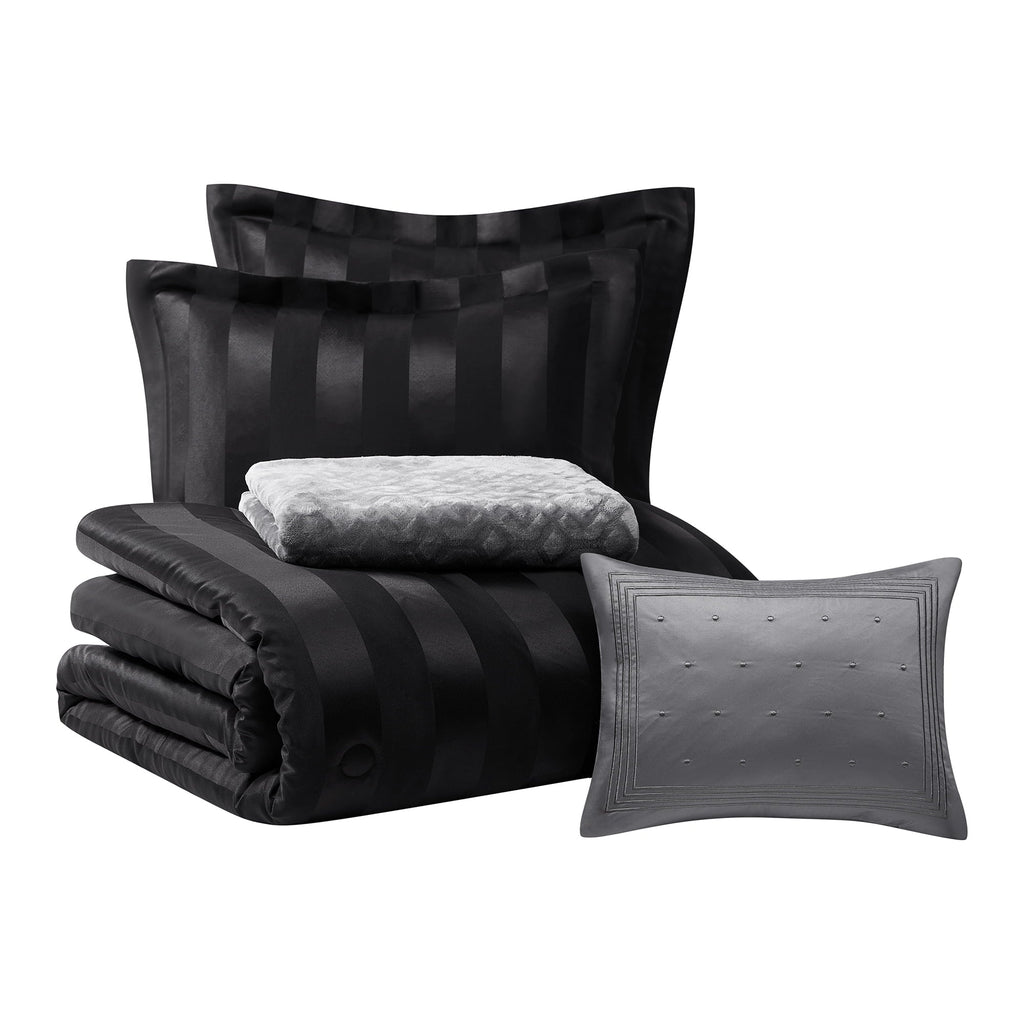 Hypoallergenic Cloud Rich Black 5 Piece Damask Stripe Comforter Set, King, Adult, Unisex - Luxurious Quilted Duvet Cover Set Detail