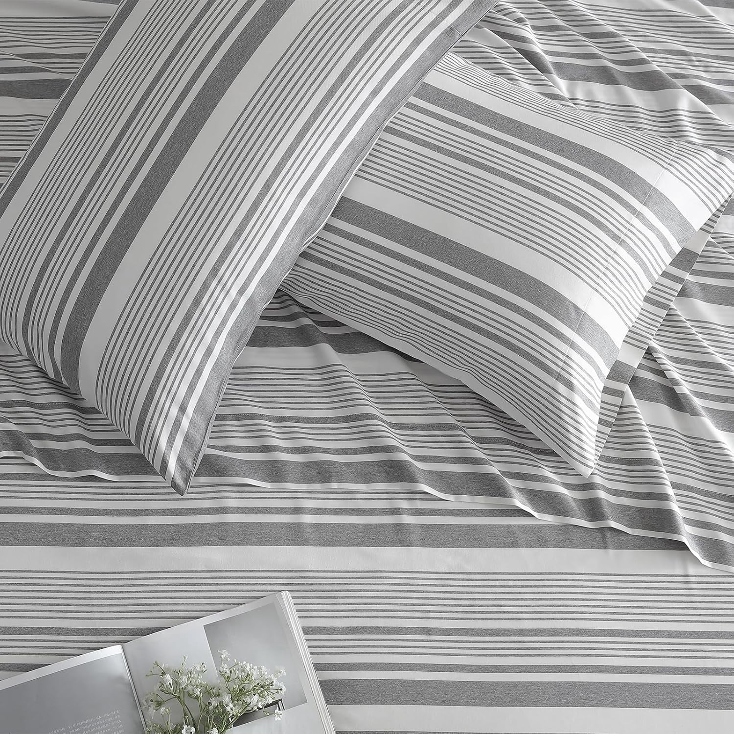 Ultra-Soft Home 3-Piece Twin Microfiber Classic Stripe Bed Sheet Set, Super Soft, Breathable Stripe Bedding with 16 inches Deep ... - Breathable Egyptian Cotton Flat & Fitted Sheets Detail