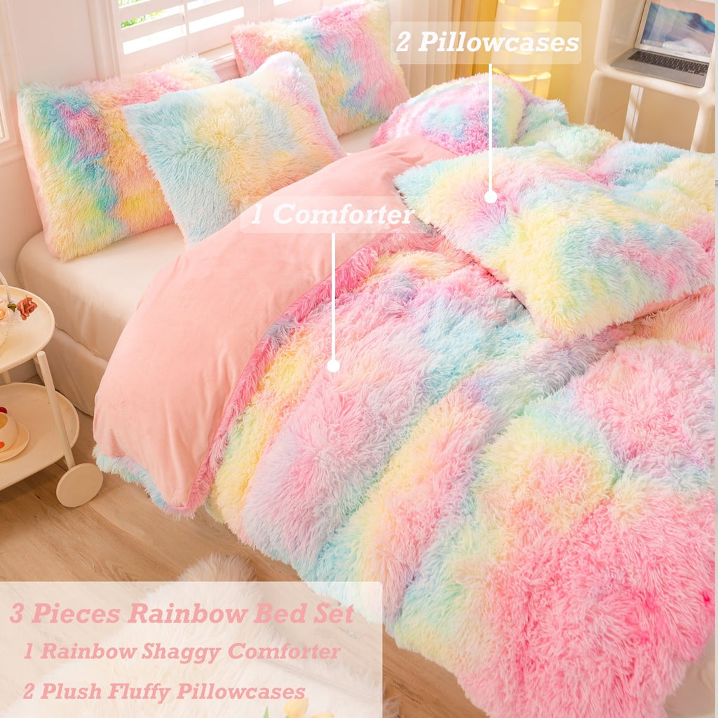 Luxurious Quilted 3Pcs Pink Faux Fur Twin Comforter Set for Girls Tie Dye Rainbow Kid Bed Set Plush Shaggy Bedding Sets Fuzzy Bed Comfo... - All-Season Down Alternative Comforter Insert Detail