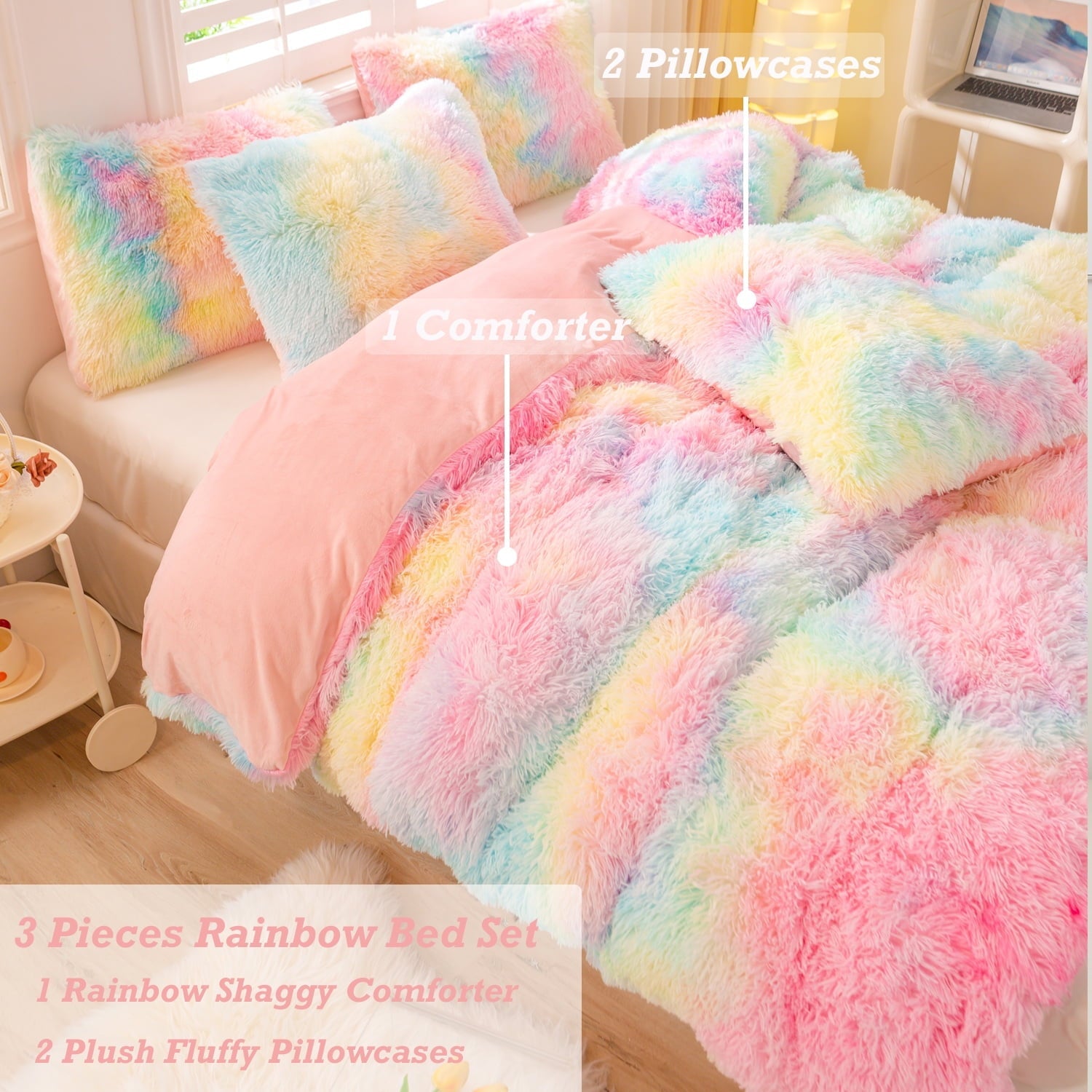 Luxurious Quilted 3Pcs Pink Faux Fur Twin Comforter Set for Girls Tie Dye Rainbow Kid Bed Set Plush Shaggy Bedding Sets Fuzzy Bed Comfo... - All-Season Down Alternative Comforter Insert Detail