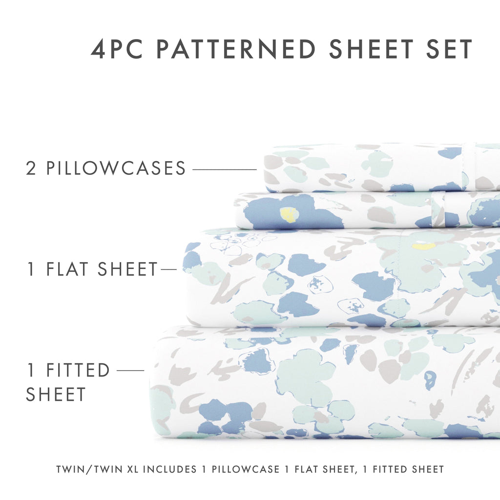 Breathable Luxury 4 Piece Pattern Microfiber Bed Sheets Set, Light Blue Violets, Full - Luxury Bed Sheet Set with Deep Pockets Detail