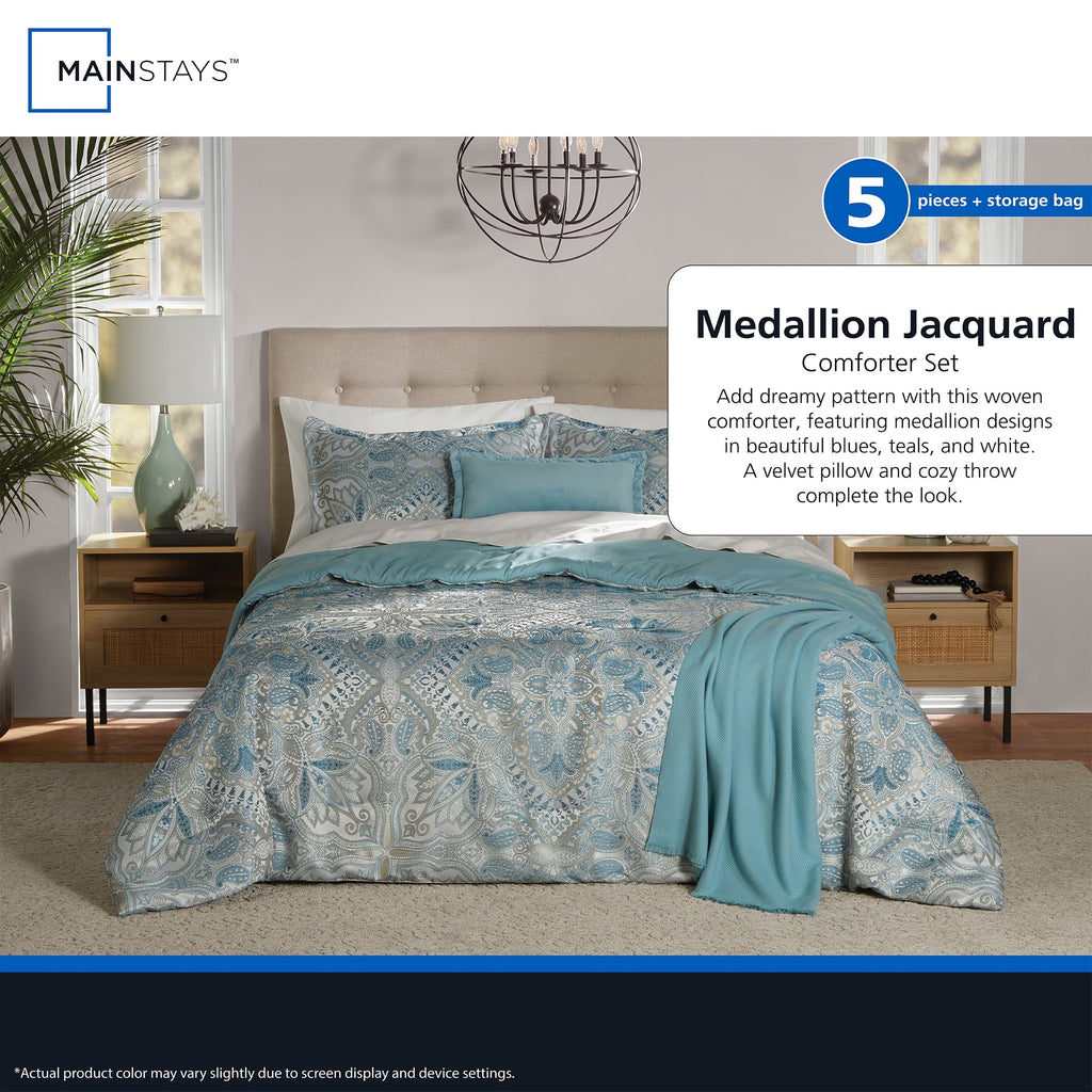 Fluffy Down Alternative Full/Queen Comforter Set, All-Season, 5-Piece, Teal Jacquard Medallion - Luxurious Quilted Duvet Cover Set Detail
