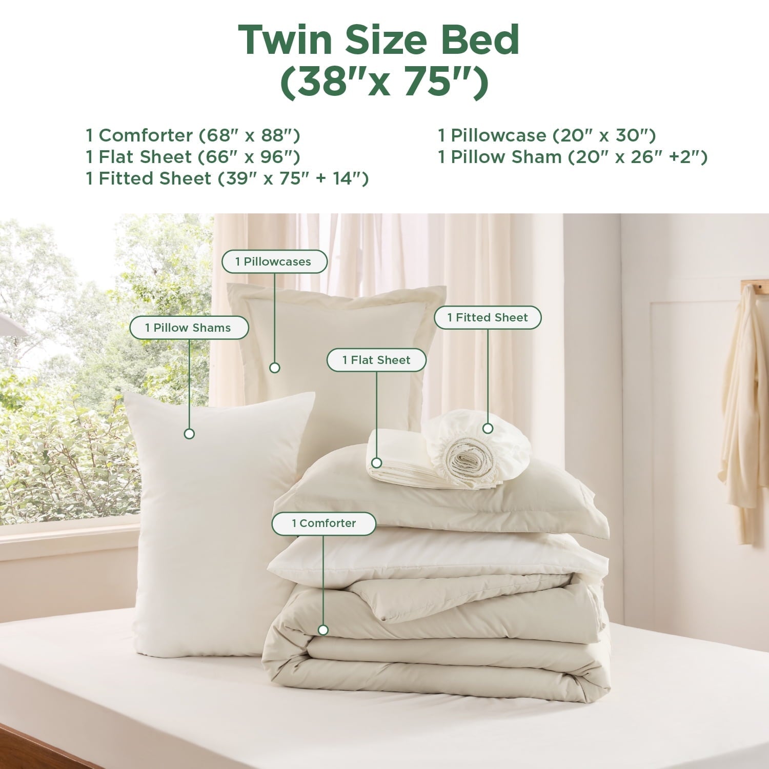 All-Season Twin Comforter Set Beige, 5 Pieces Lightweight Twin Bedding Sets Boho with Comforter, Sheet, Pillowcase & Sham - All-Season Down Alternative Comforter Insert Detail