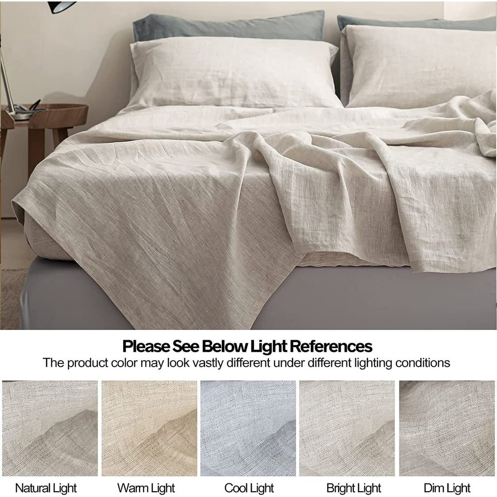 Breathable Luxury 100% Linen Sheet Set Solid Color-4 Pcs Washed French Linen Bed Sheets(1 Flat Sheet,1 Fitted Sheet,2 Pillowcases)-Brea... - Breathable Egyptian Cotton Flat & Fitted Sheets Detail