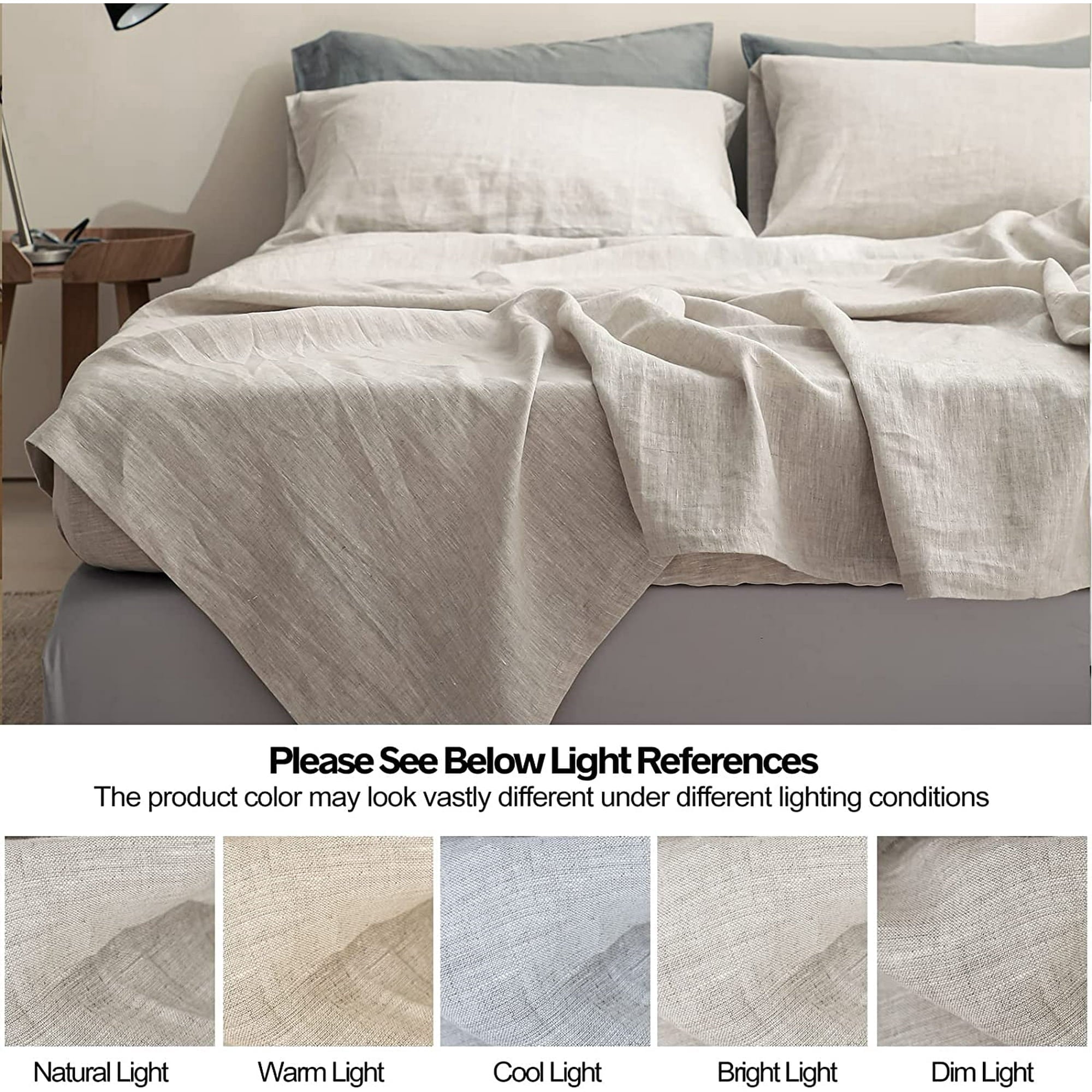 Breathable Luxury 100% Linen Sheet Set Solid Color-4 Pcs Washed French Linen Bed Sheets(1 Flat Sheet,1 Fitted Sheet,2 Pillowcases)-Brea... - Breathable Egyptian Cotton Flat & Fitted Sheets Detail