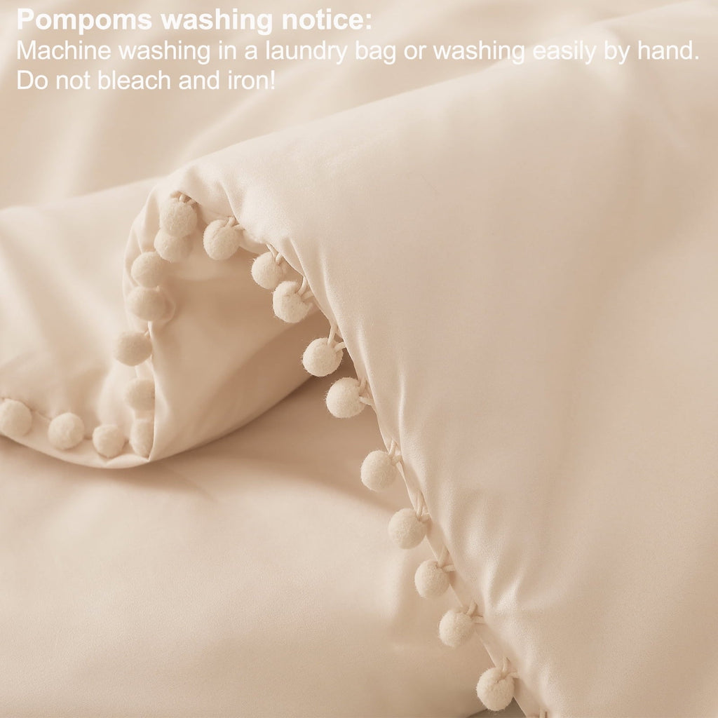 Fluffy Down Alternative Boho Pom Pom Ball Fringe King Size Comforter Set, 3 Pieces Beige Lightweight Down Alternative Bedding Comforter Sets ... - All-Season Down Alternative Comforter Insert Detail